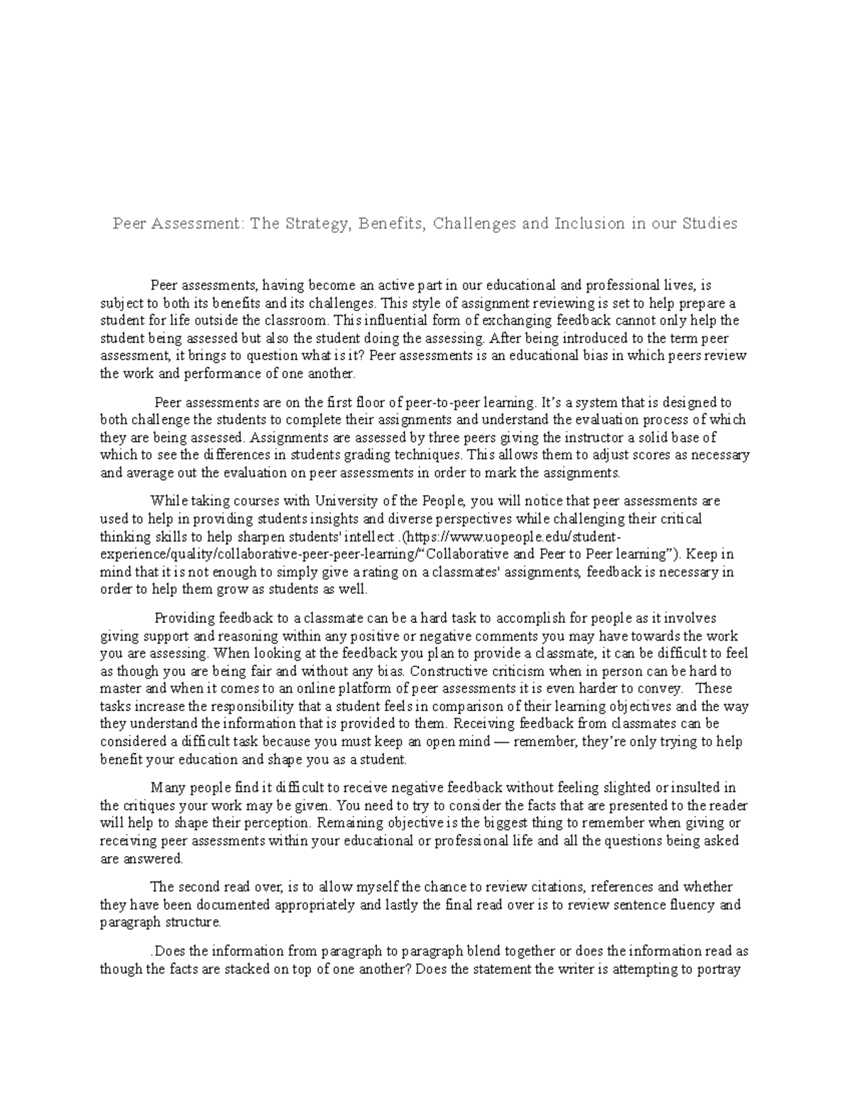 Written assignment - Peer Assessment: The Strategy, Benefits ...