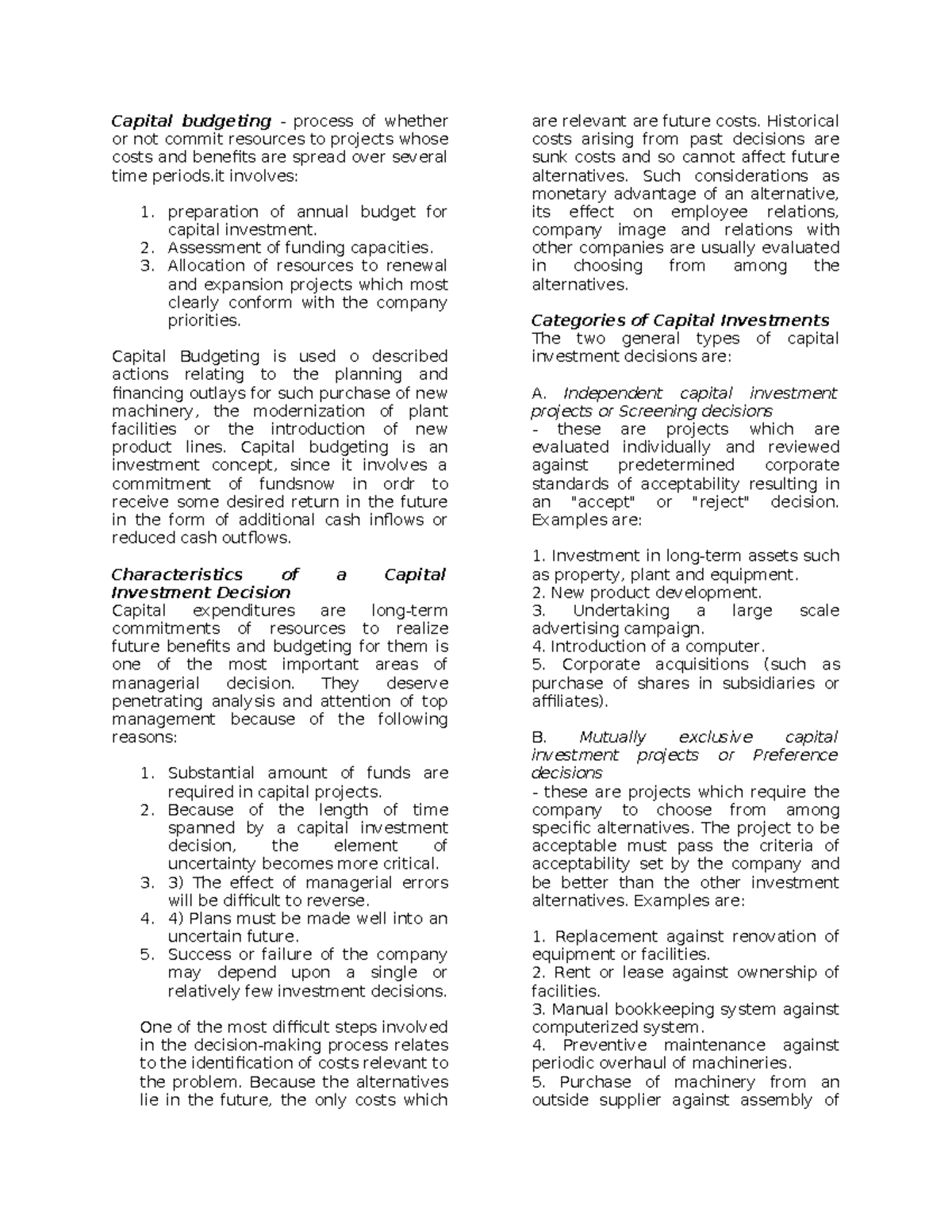 Capbud - Capital budgeting - process of whether or not commit resources ...