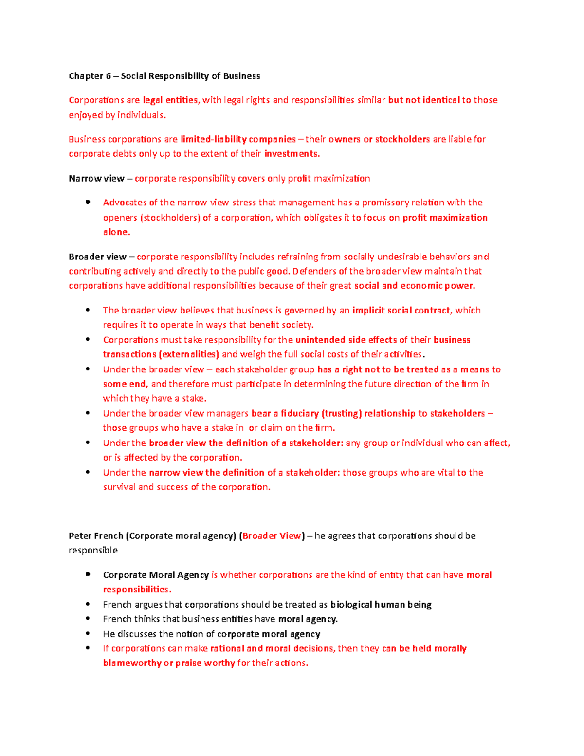 Chapter 6 course notes - Chapter 6 – Social Responsibility of Business ...