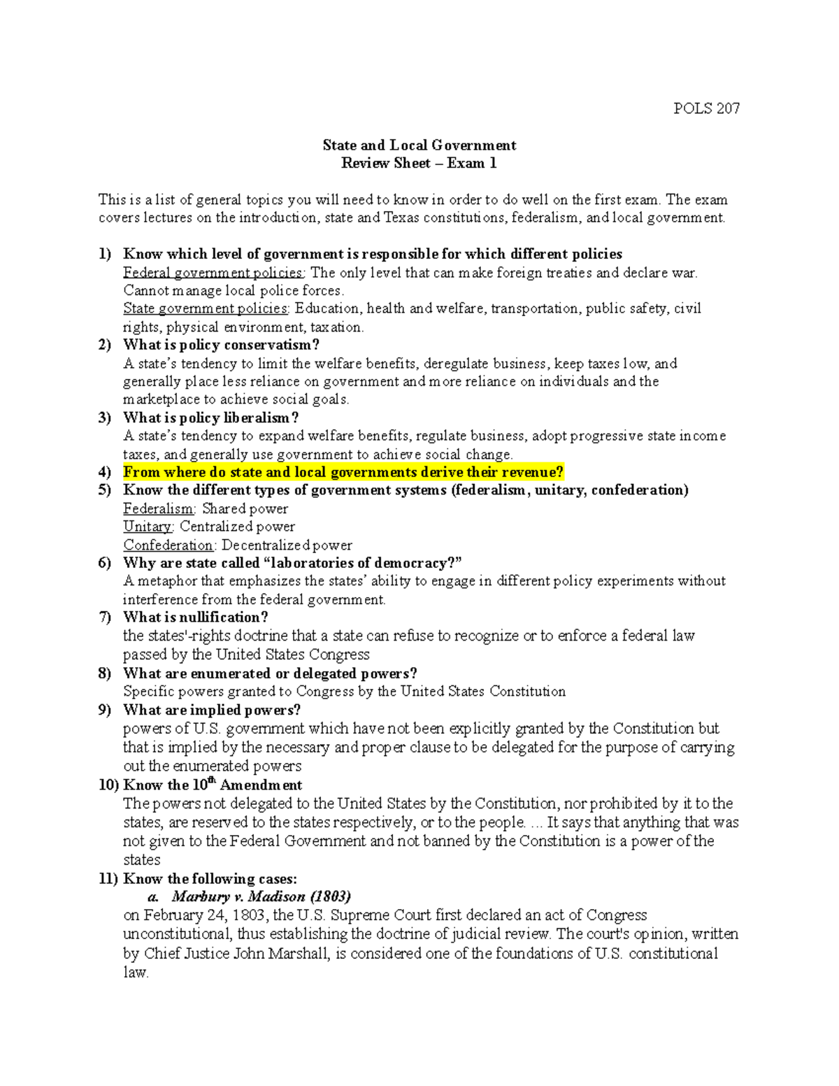 POLS207 Review Sheet 1 Fall 2020 - POLS 207 State And Local Government ...