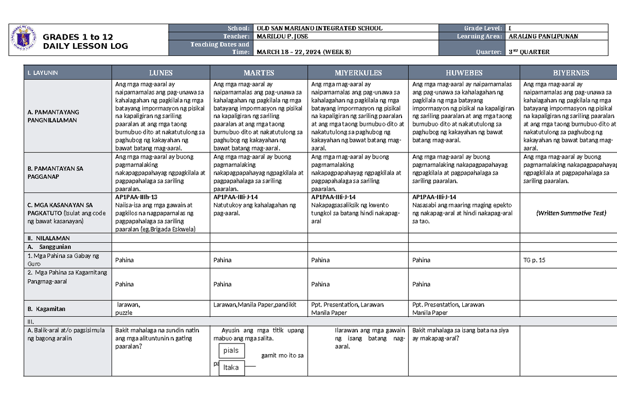 DLL Araling Panlipunan 1 Q3 W8 - GRADES 1 to 12 DAILY LESSON LOG School ...