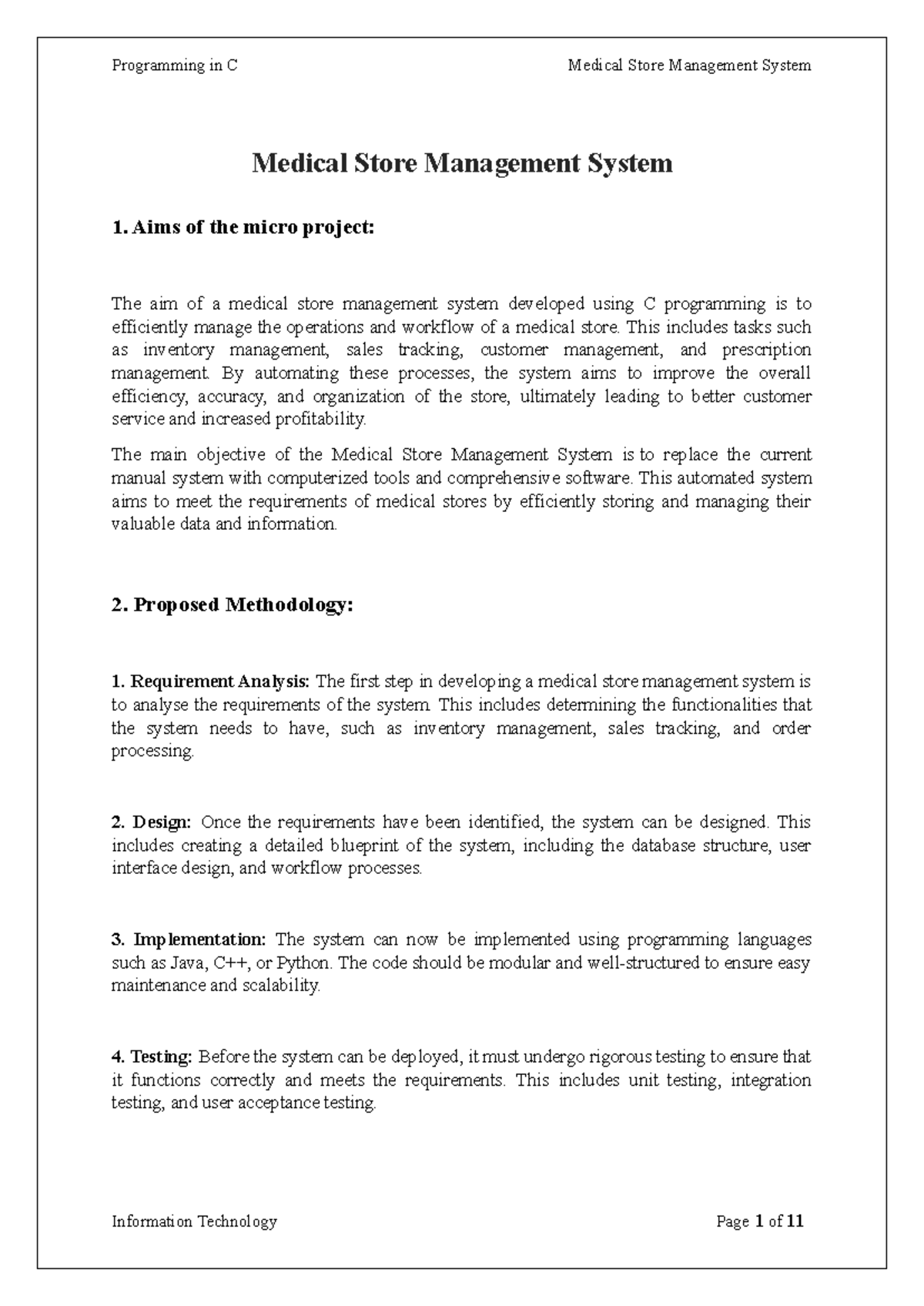PIC MP 1618 - Medical Store Management System 1. Aims of the micro ...