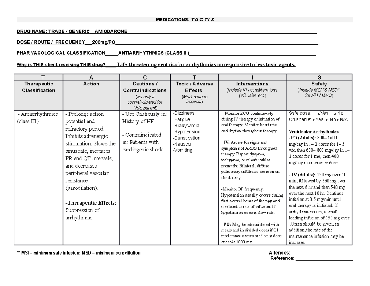 Amiodarone - TACTIS - MEDICATIONS: T A C T I S DRUG NAME: TRADE / - Studocu