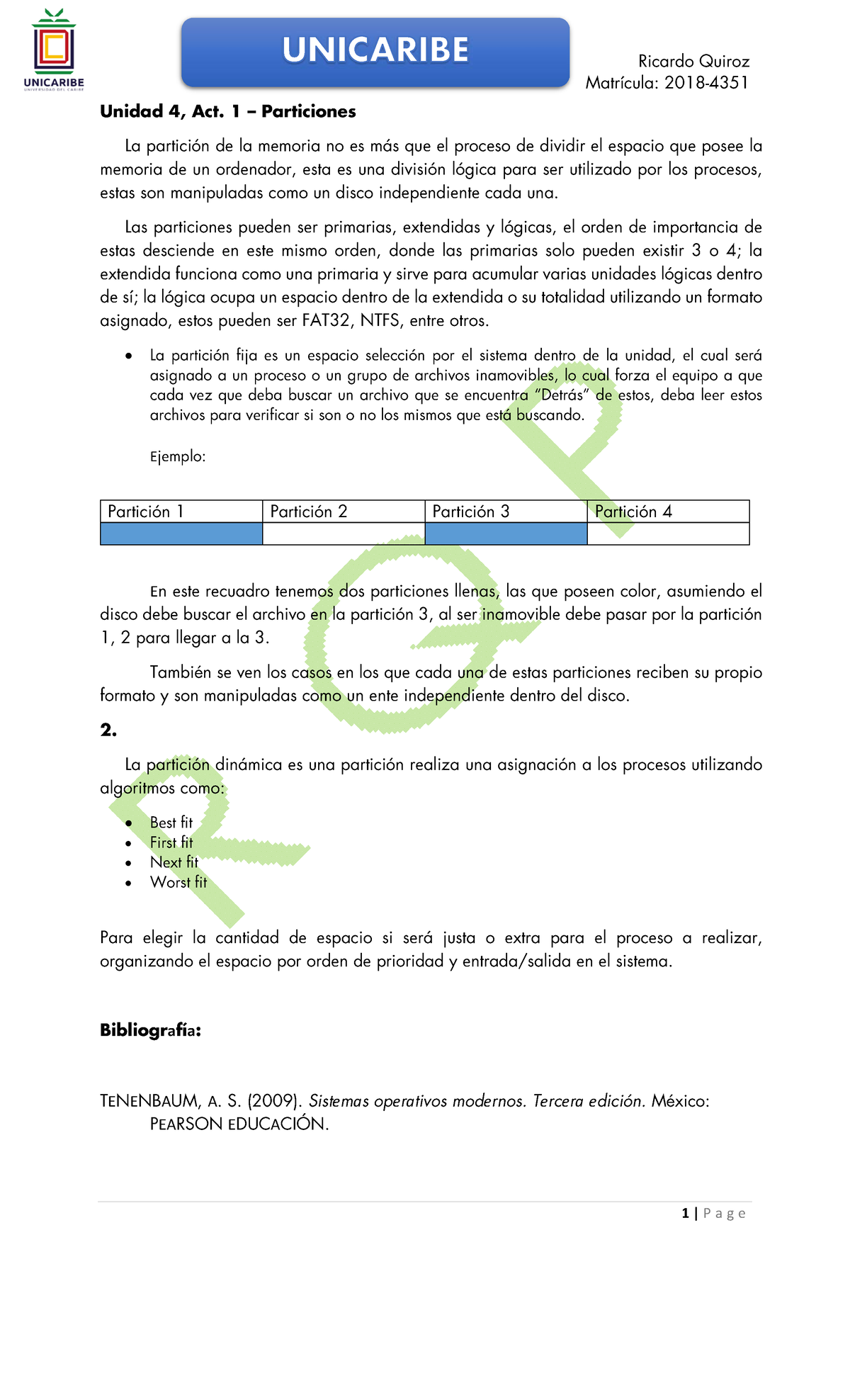 Quiroz-Ricardo-Particiones Act1 - Sistema Operativo 2 - UNICARIBE - Studocu