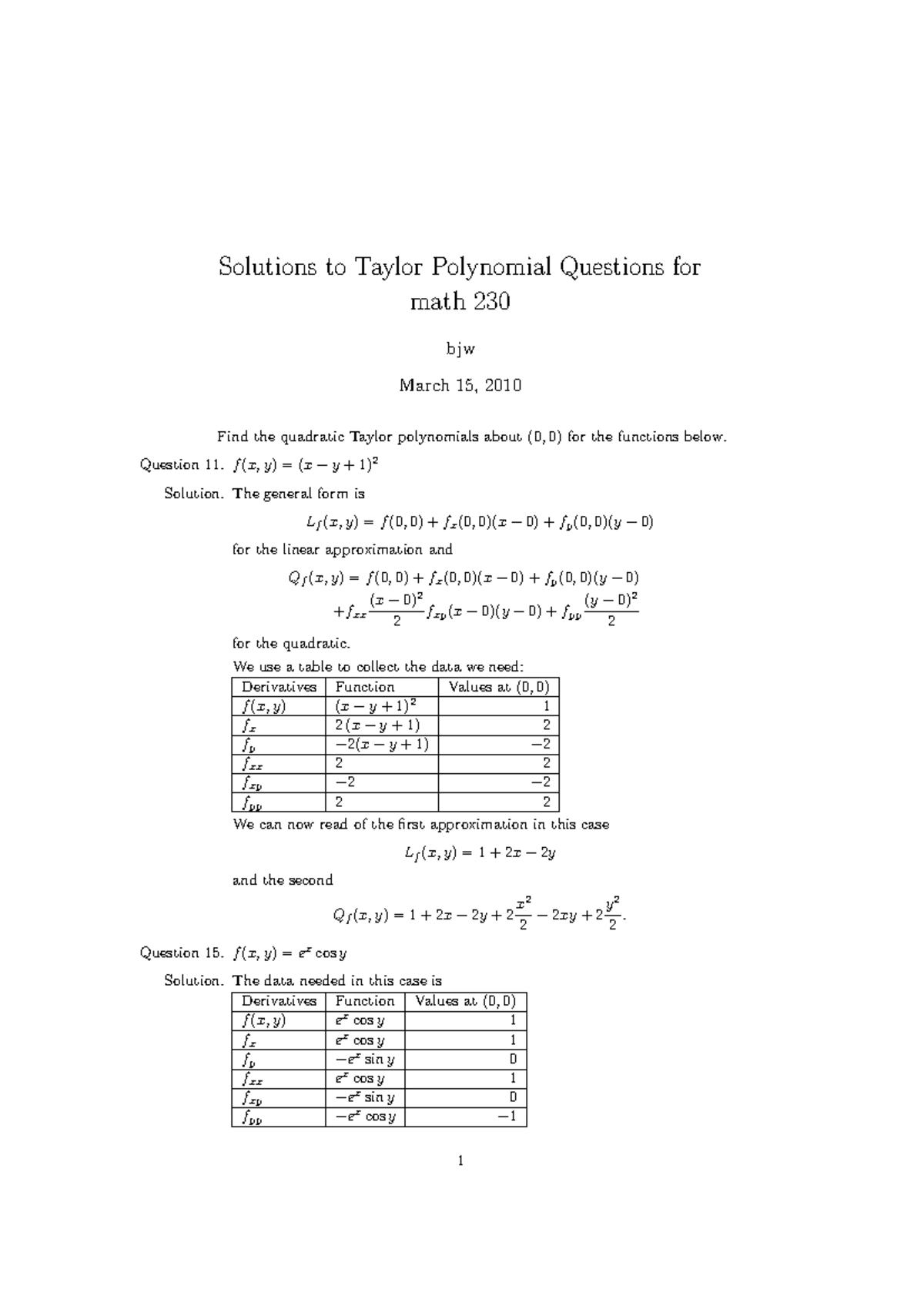 Math 230-0 Taylor Polynomial Homework Solutions - Solutions to Taylor ...