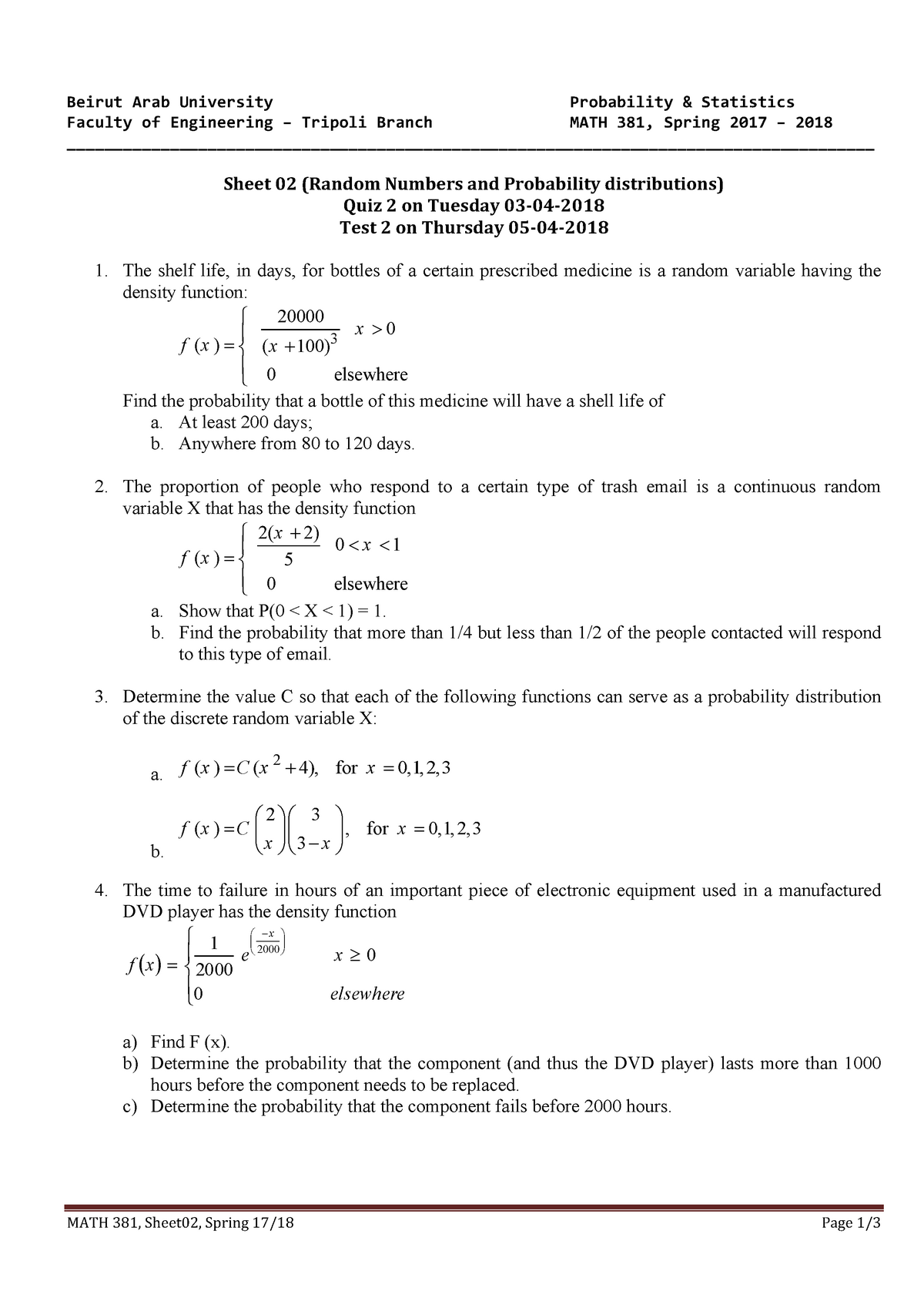 Math381 Sheets 02 Dr Ayman Masri Studocu