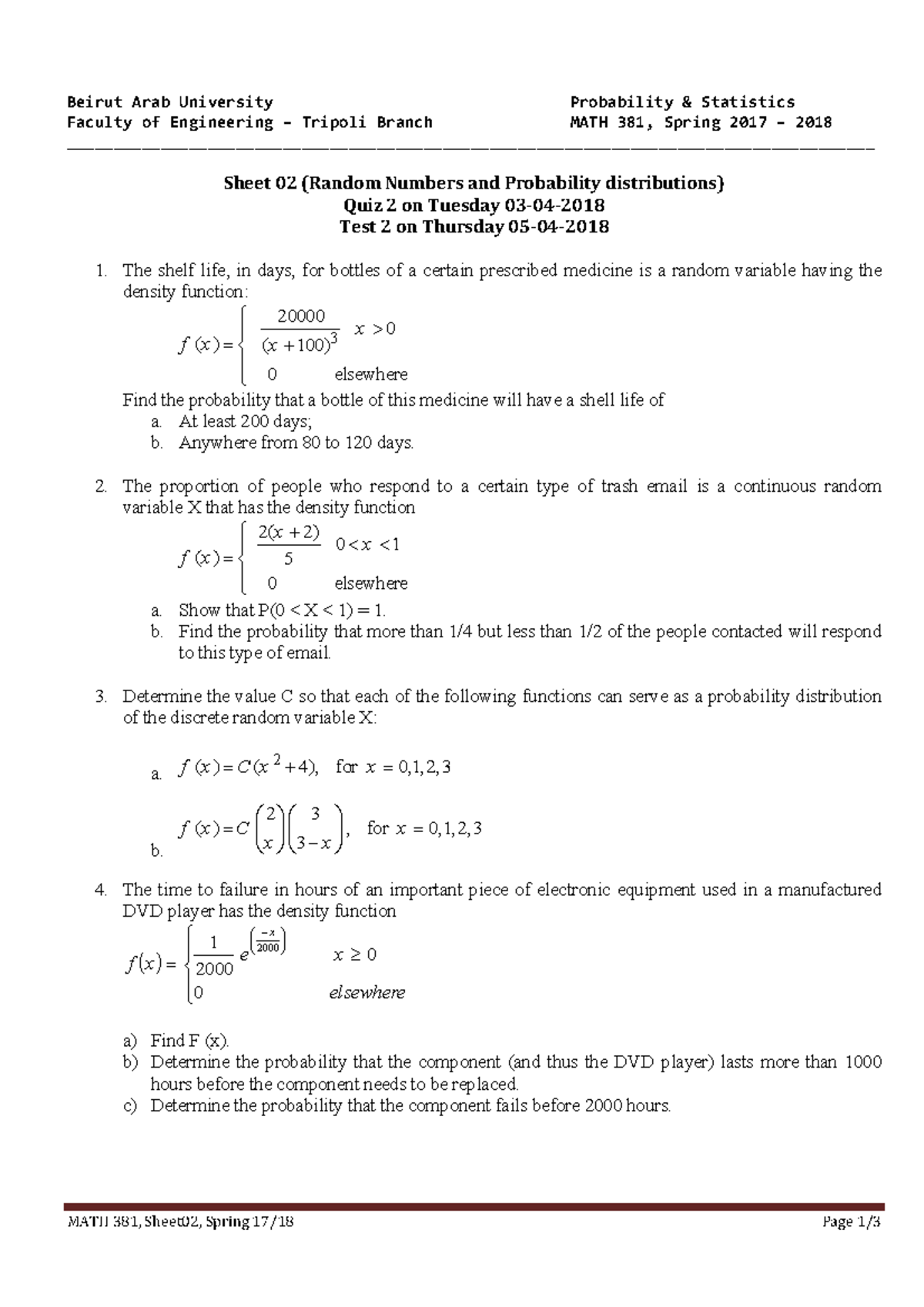 Math381 Sheets 02 Dr Ayman Masri Studocu