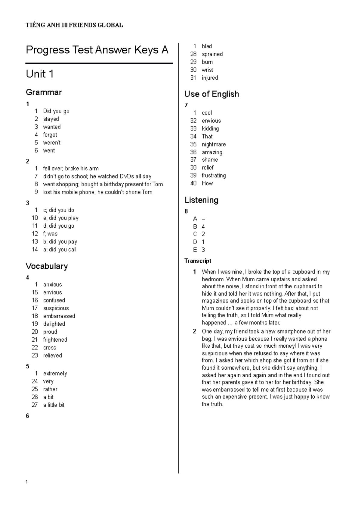 Progress Test Answer Keys A - Progress Test Answer Keys A Unit 1 ...