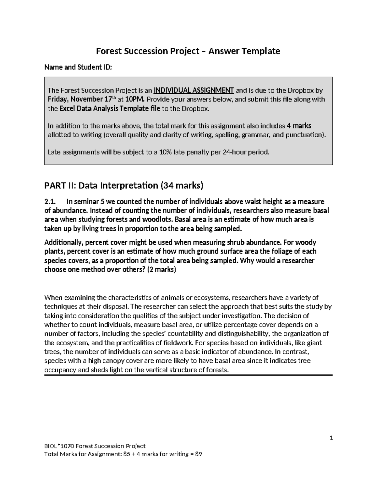 Fo SP Written Answer Template - Forest Succession Project – Answer ...