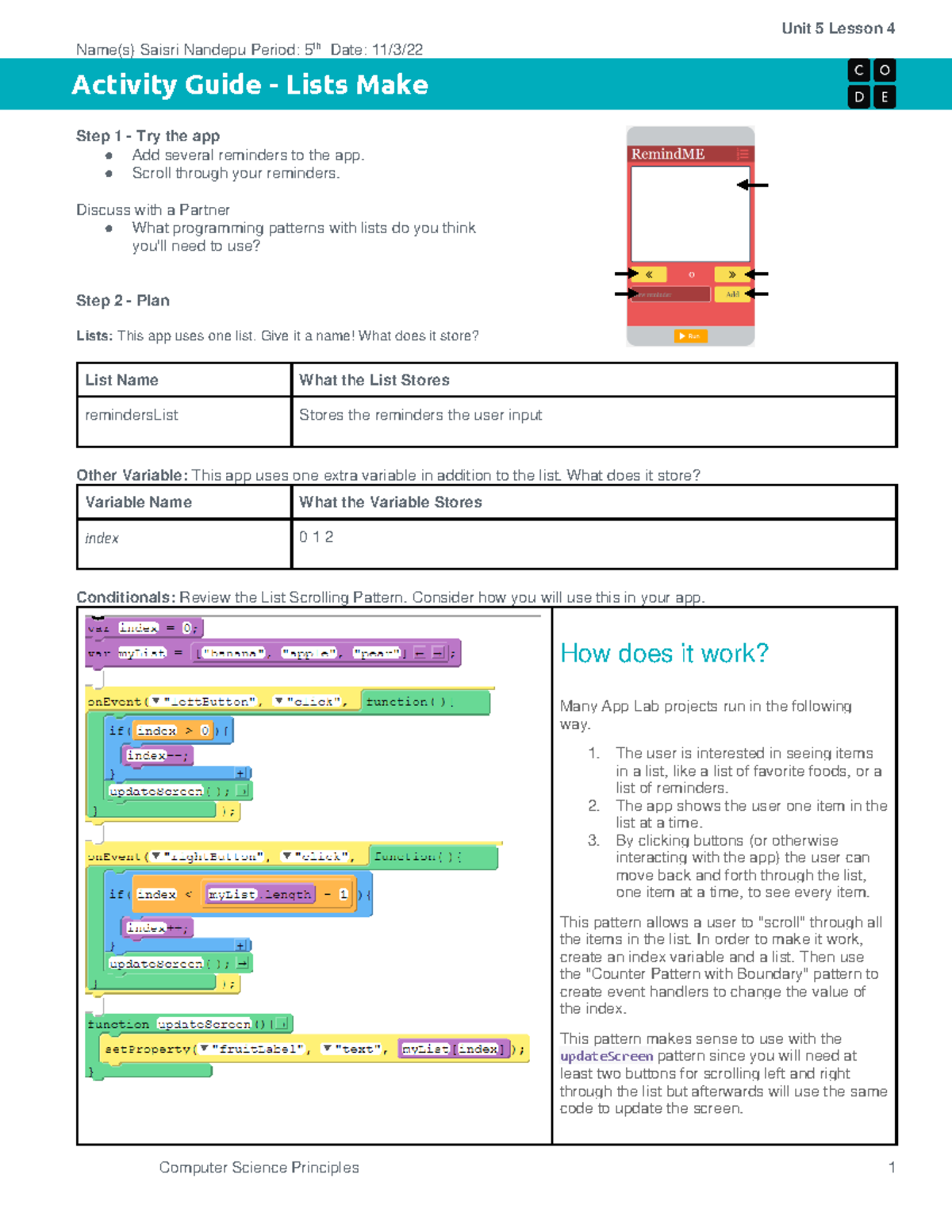 Activity Guide Lists Make Unit 5 Lesson 4 Unit 5 Lesson 4