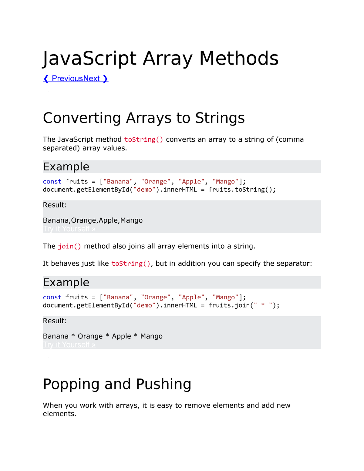 Java Script Array Methods Javascript Array Methods Previousnext Converting Arrays To Strings 9133