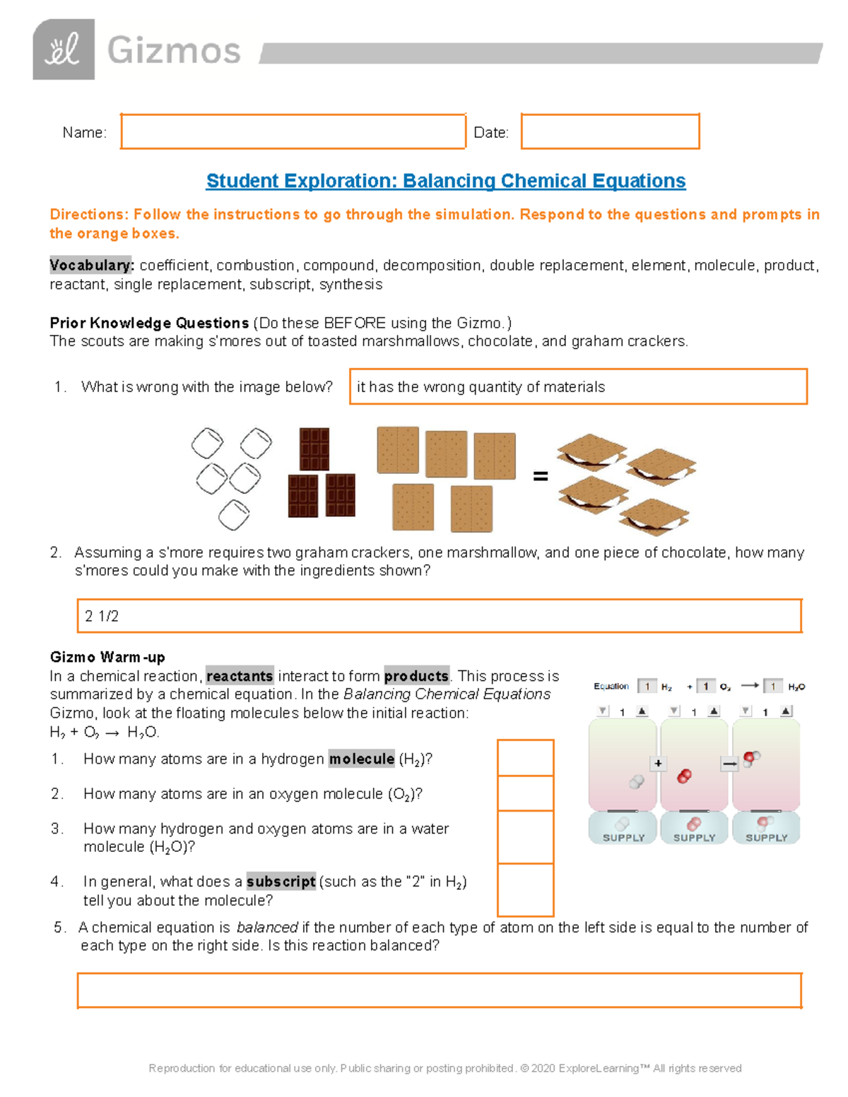 LAB1 Balancing Chem Equations Gizmo - Name: Date: Student Exploration ...