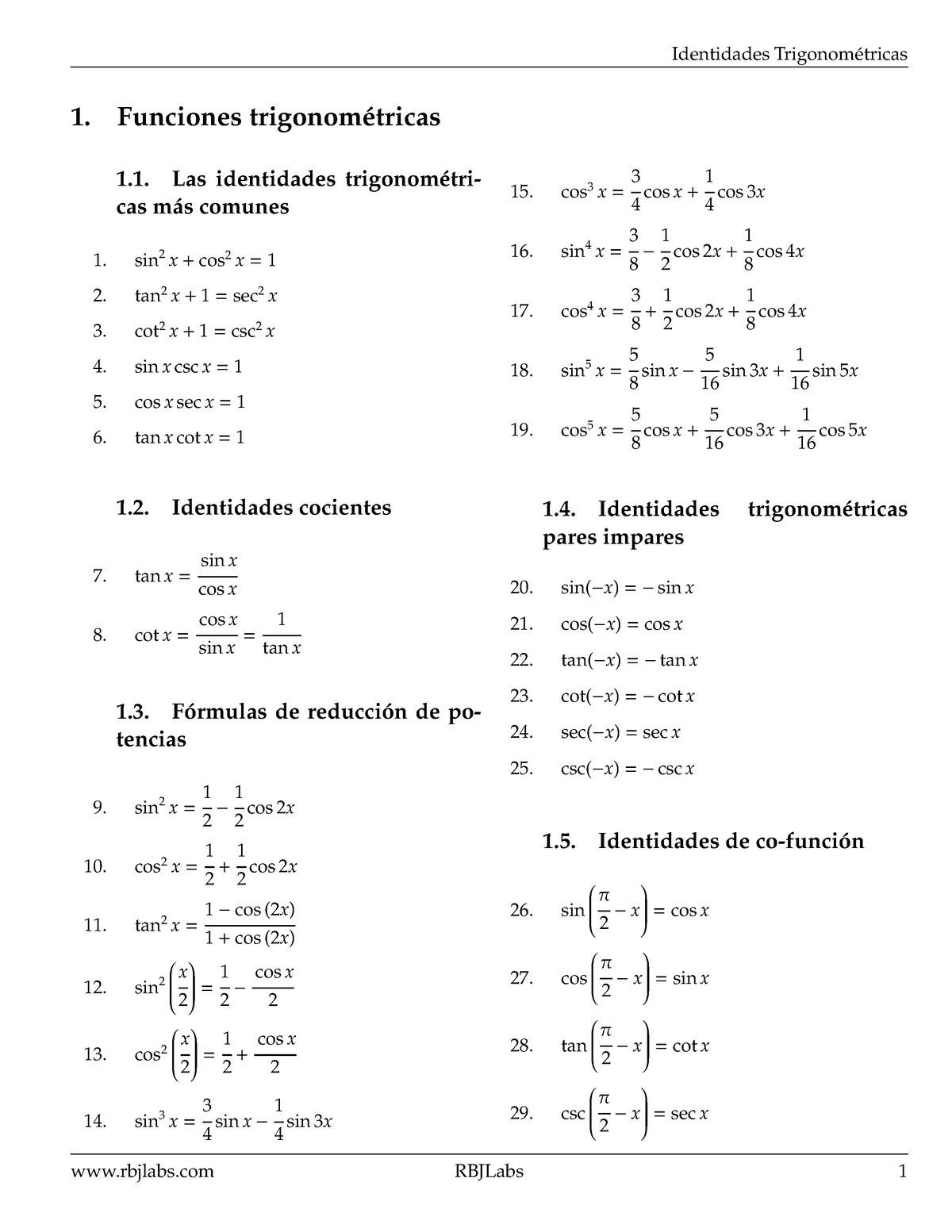 Formulario De Identidades Trigonométricas Identidades Trigonom ́etricas 1 Funciones Trigonom 1249