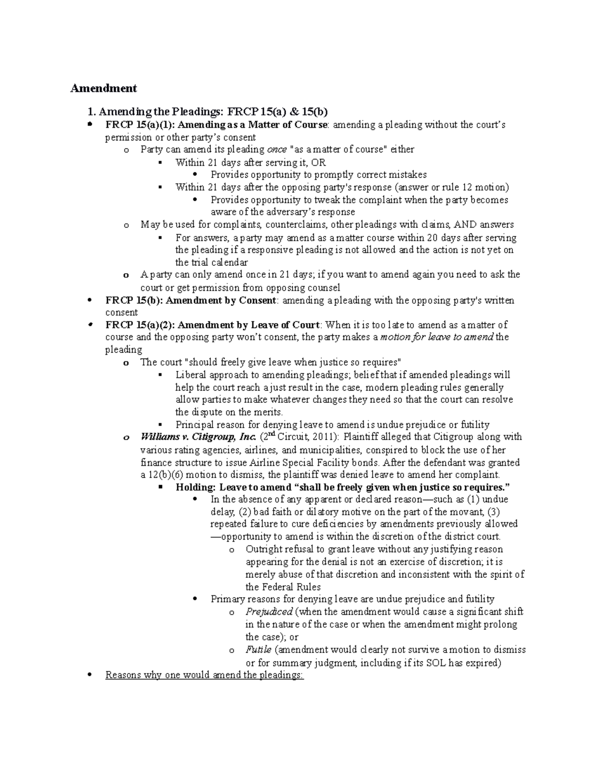 Civil procedure Prof Horton 3 Amendment 1. Amending the Pleadings