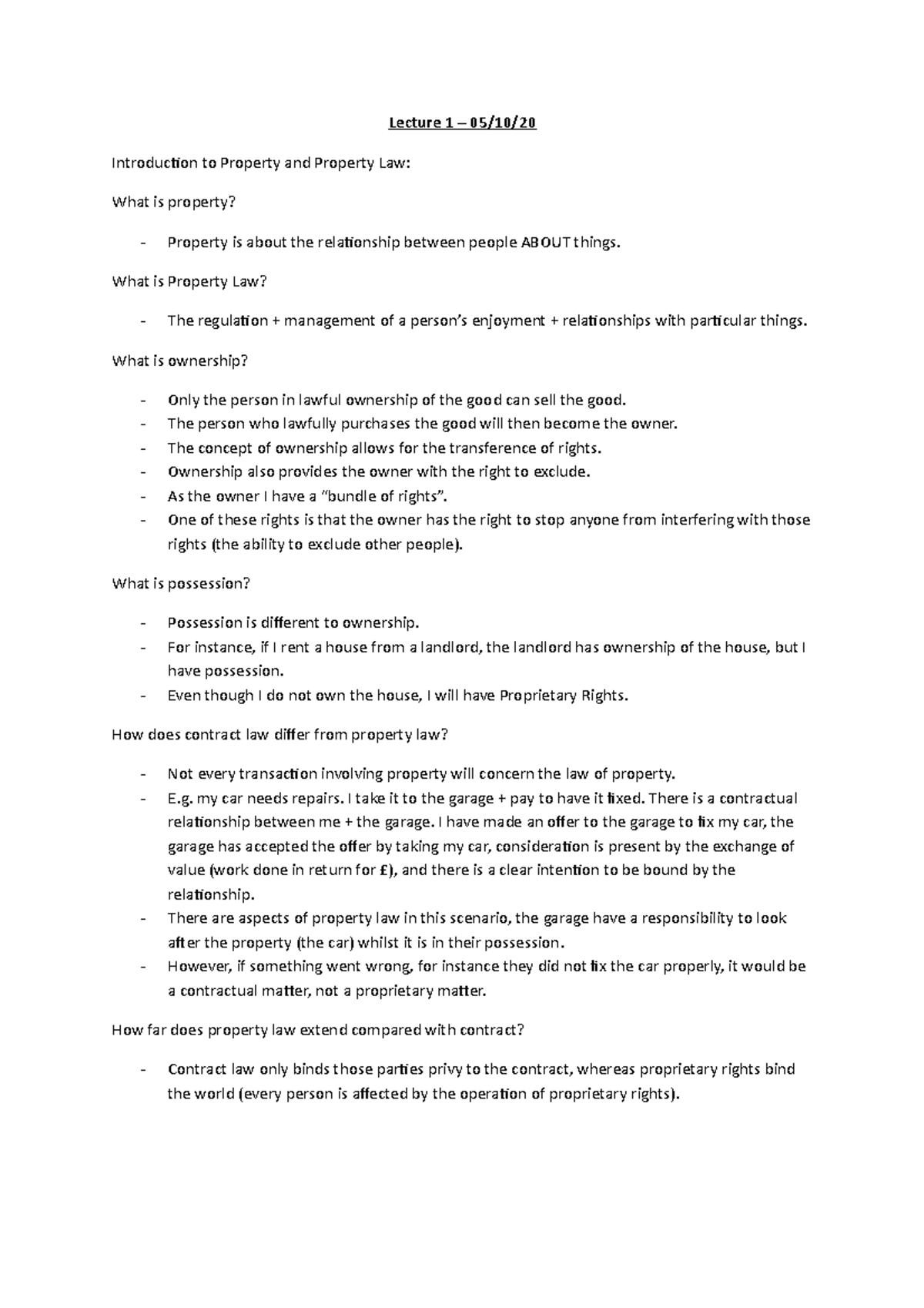 Lecture 1 (Covers Week 1) - Lecture 1 – 05/10/ Introduction to Property ...