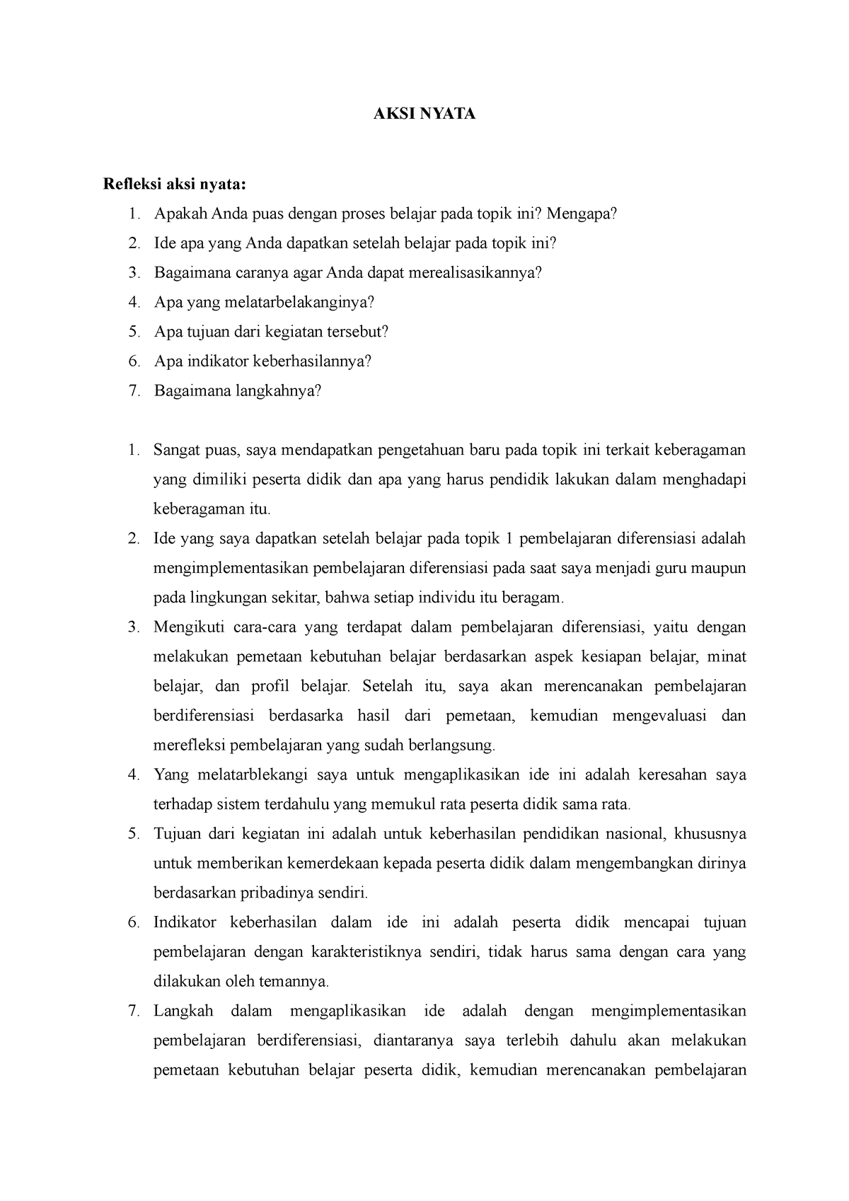 Aksi Nyata Topik 2 Pembelajaran Diferensiasi Aksi Nyata Refleksi Aksi Nyata 1 Apakah Anda 5016