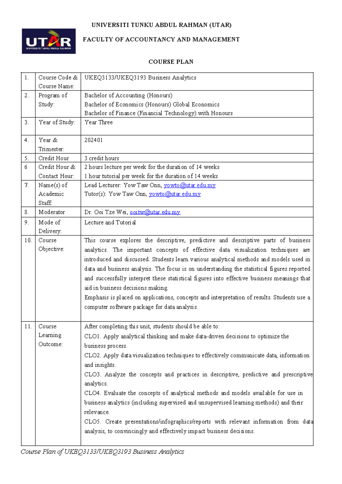 UKEQ3133 course plan JAN2024 Students - UNIVERSITI TUNKU ABDUL RAHMAN ...