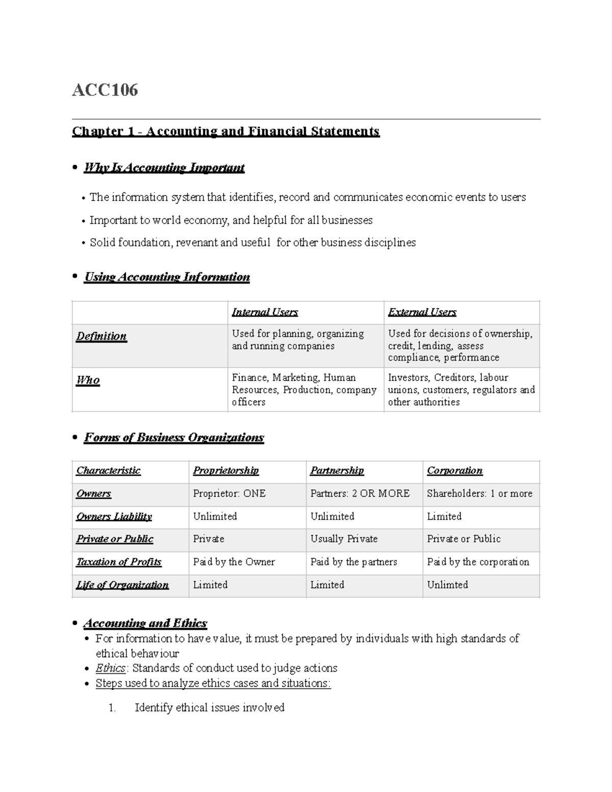 ACC120 Summary Notes - Ch1-4 - ACC Chapter 1 - Accounting And Financial ...