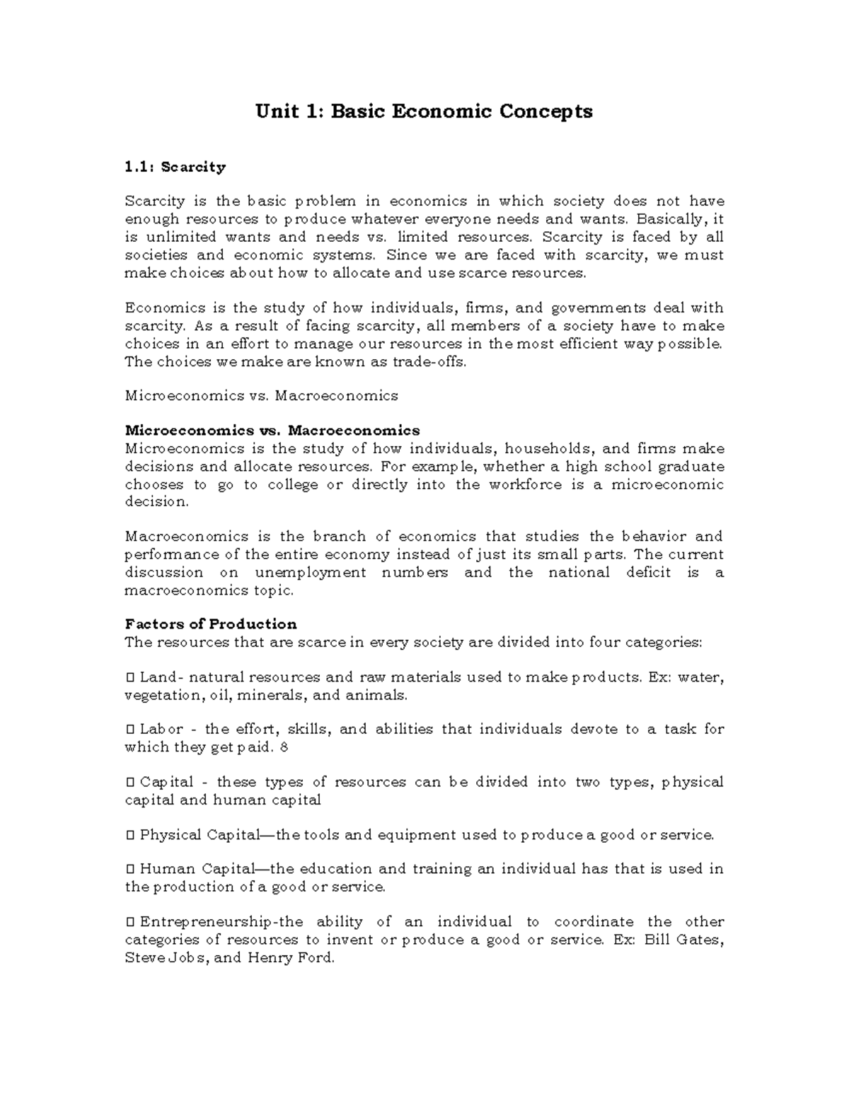 AP Micro Unit 1 Notes - Unit 1: Basic Economic Concepts 1: Scarcity ...