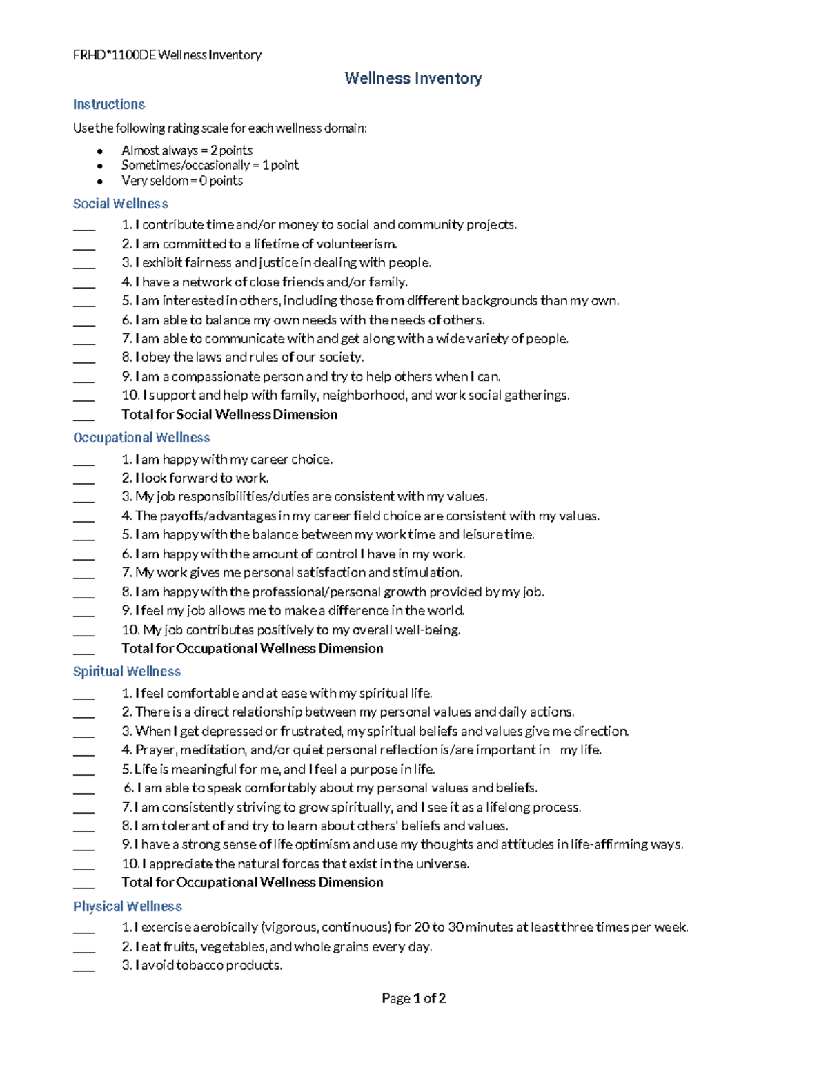 Wellness Inventory FRHD 1100 - FRHD*1100DE Wellness Inventory Page 1 of ...