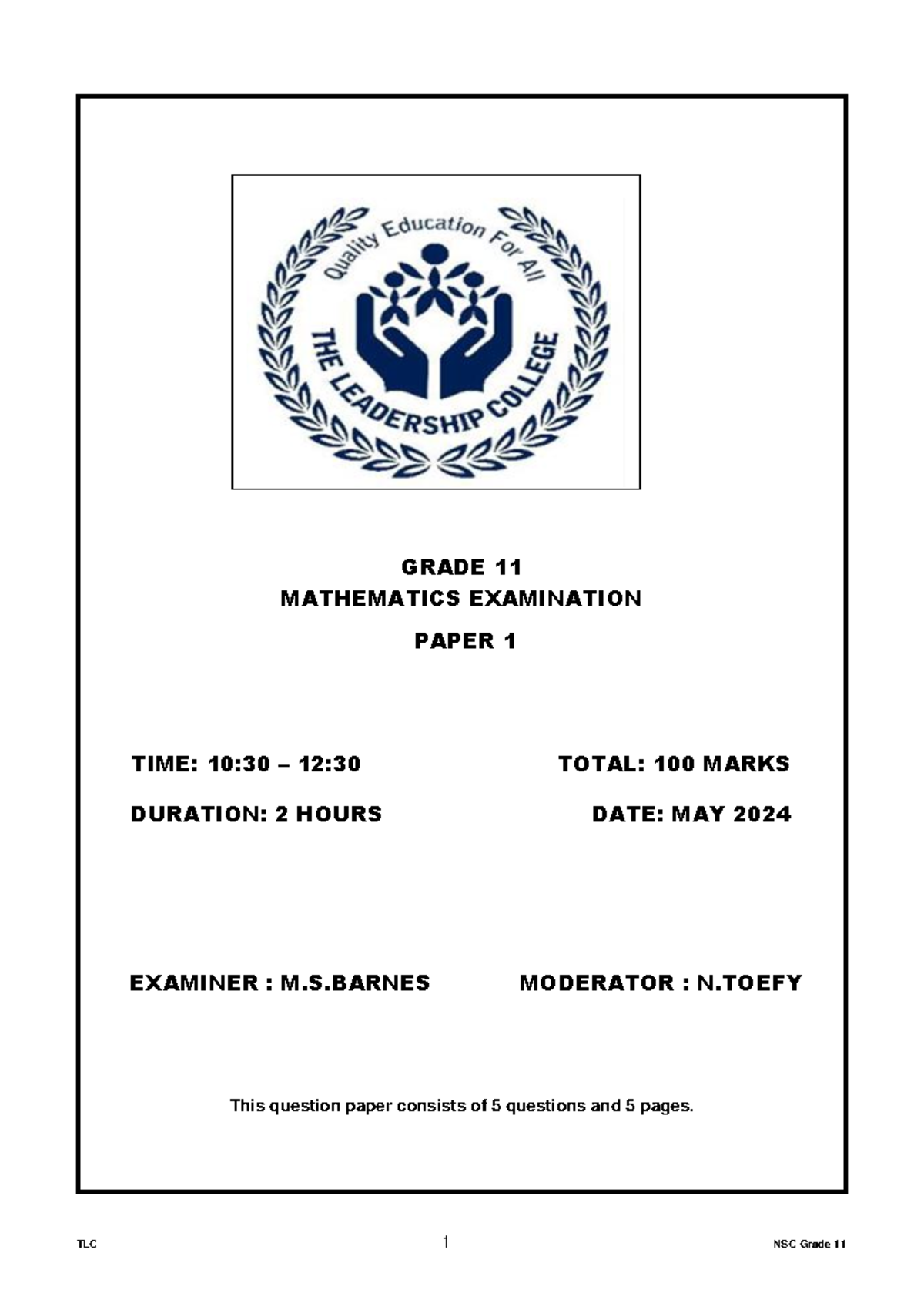 TLCgr 11Math P 1 - Grade 11 - GRADE 11 MATHEMATICS EXAMINATION PAPER 1 ...