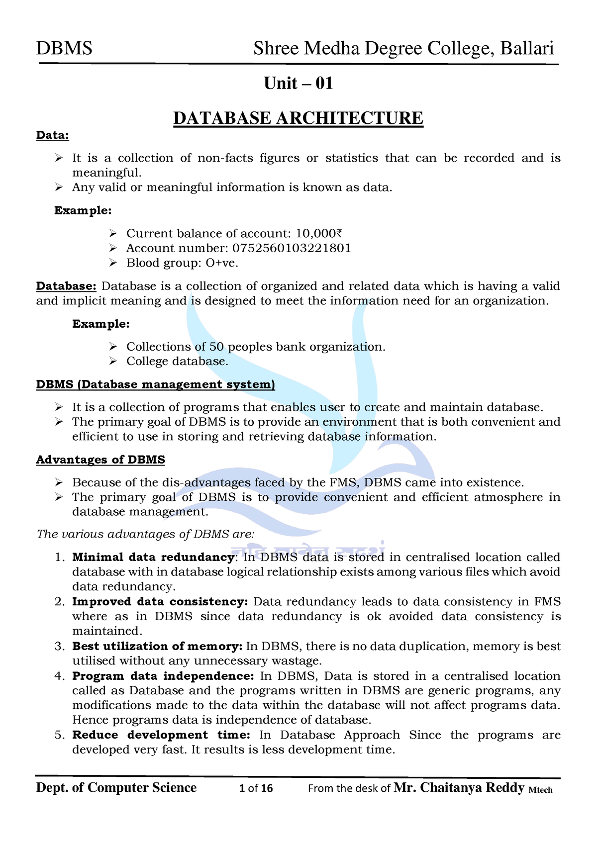 DBMS 1st-Unit Notes - Unit 1 Dbms - Unit – 01 DATABASE ARCHITECTURE ...