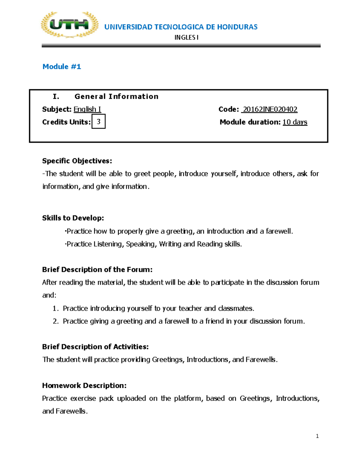 Module 1 Greetings Introductions and Farewells - UNIVERSIDAD ...