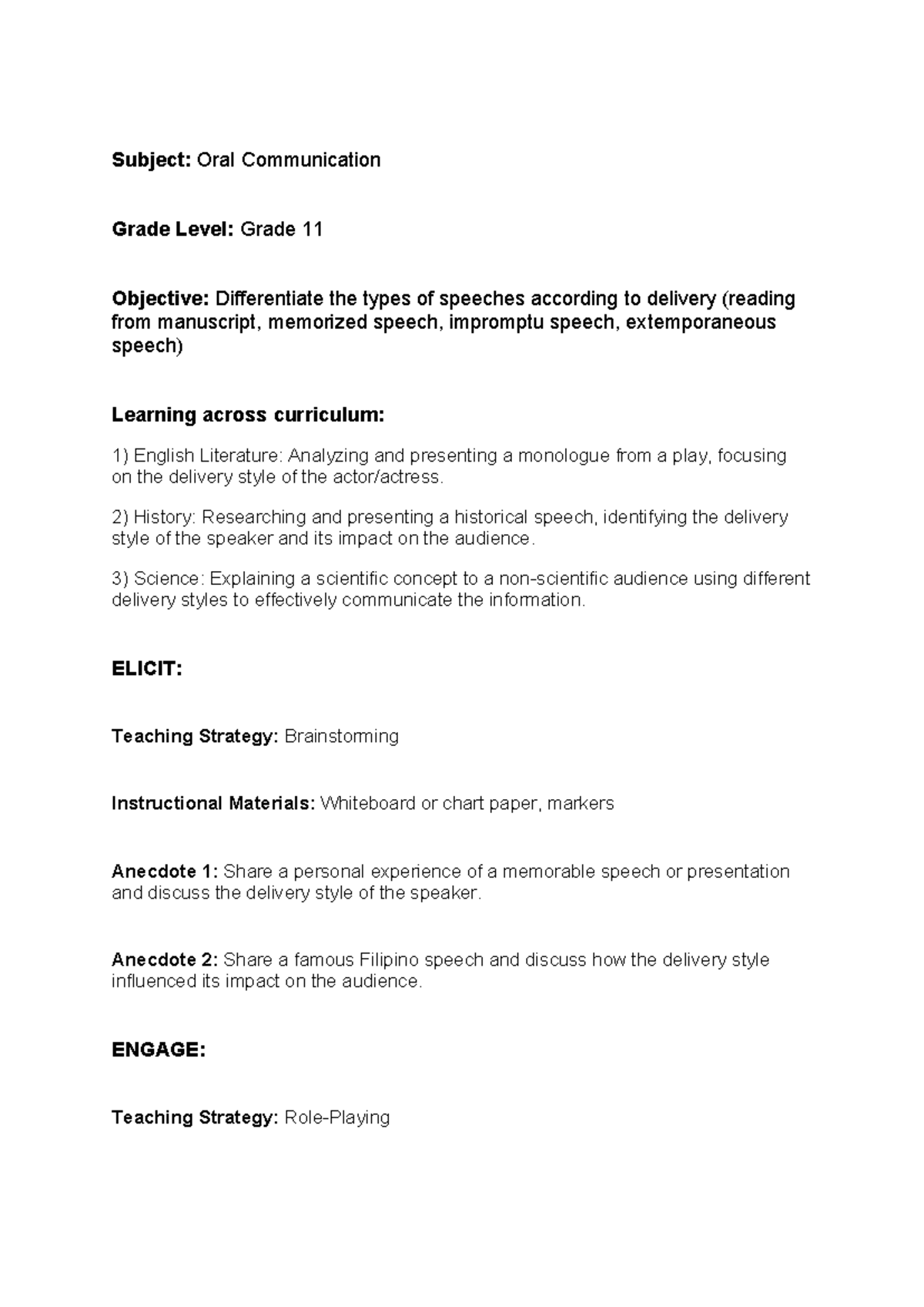 Lesson plan - NOTES - Subject: Oral Communication Grade Level: Grade 11 ...