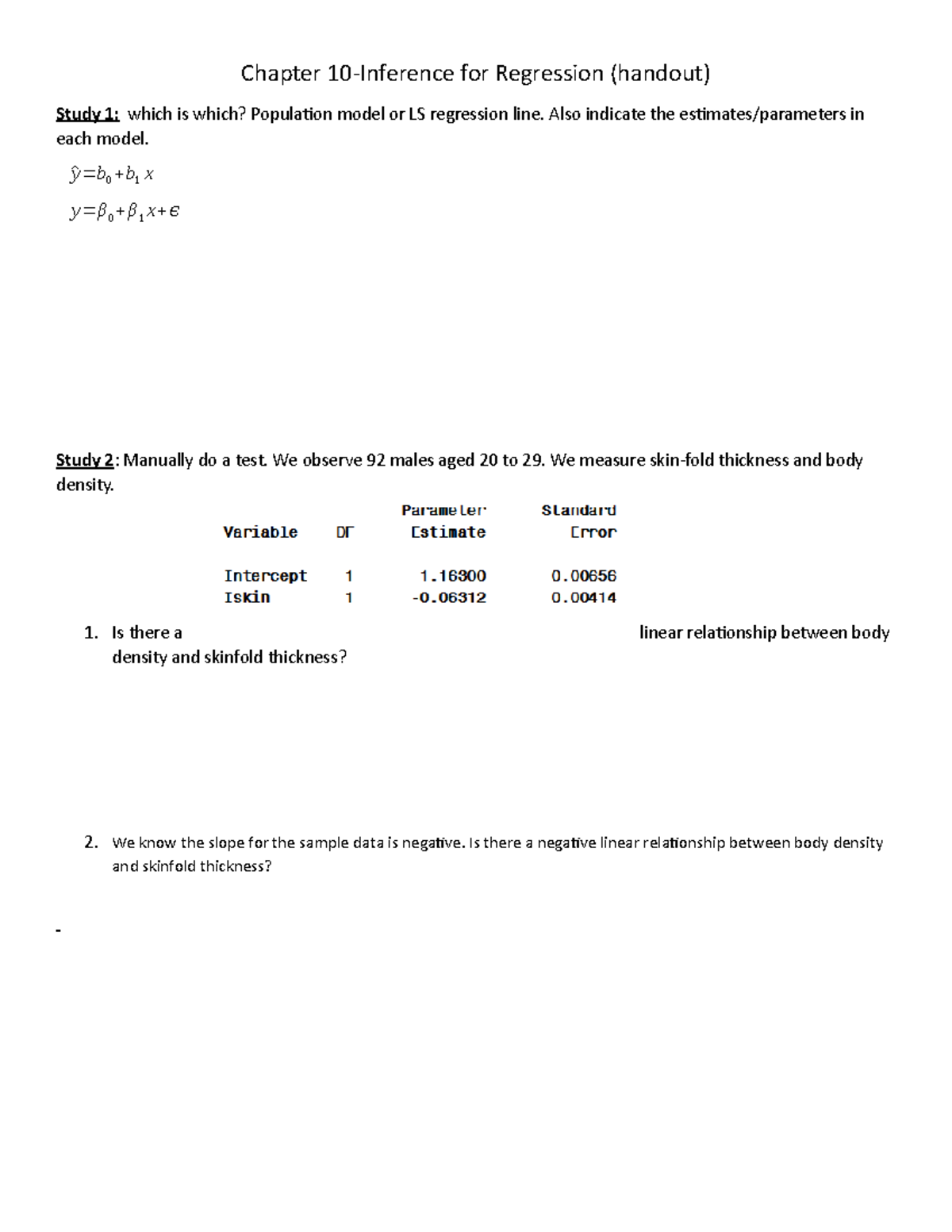 501topic 10 Chapter 10 Inference For Regression Exercise Chapter 10 Inference For Regression 8778