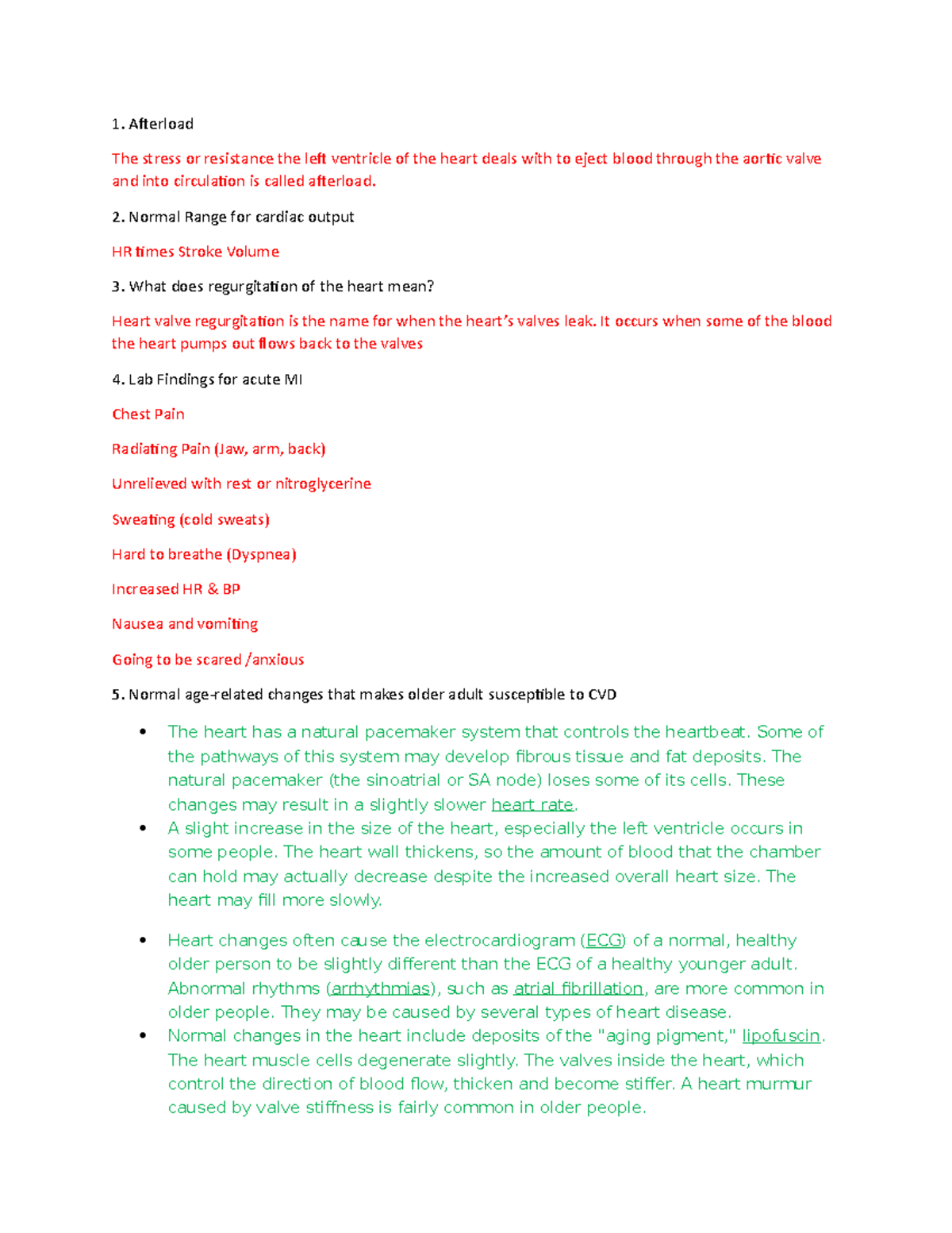 Cardio Study Guide - Med Surge Term 2 - Afterload The stress or ...