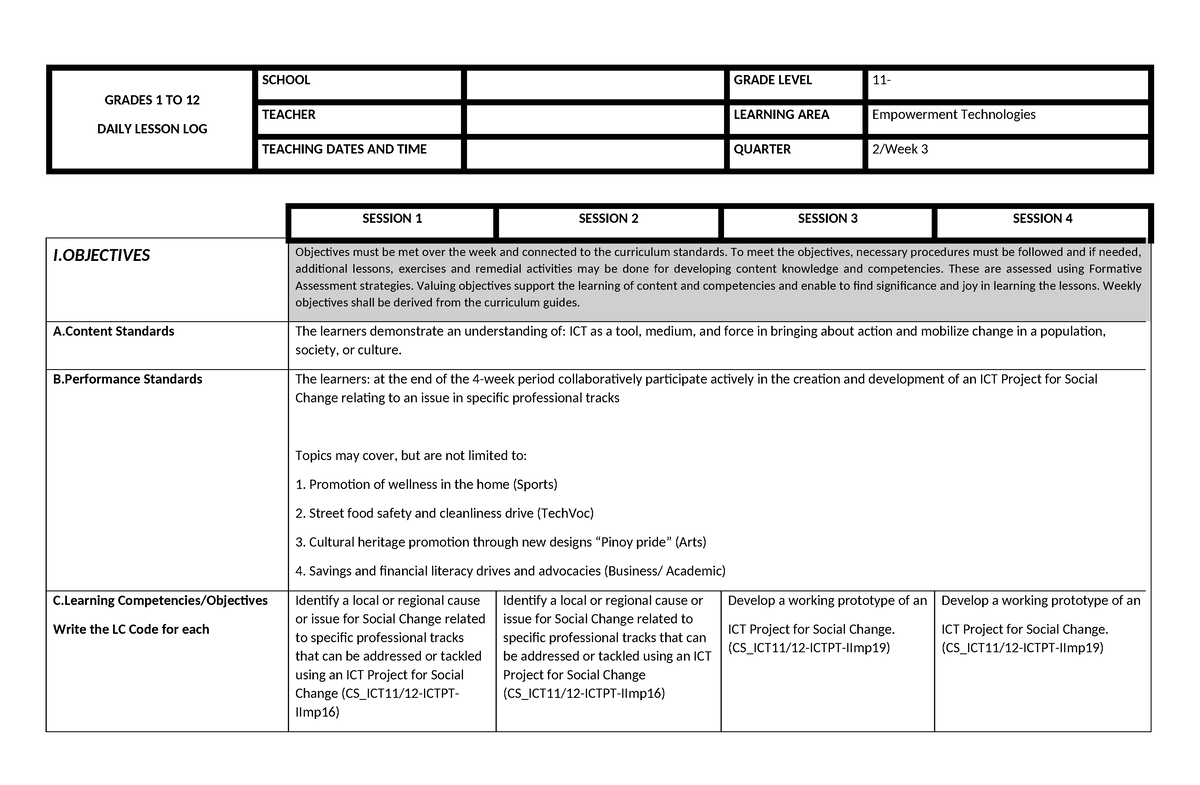 ET Q2 W3 - DLL - GRADES 1 TO 12 DAILY LESSON LOG SCHOOL GRADE LEVEL 11 ...