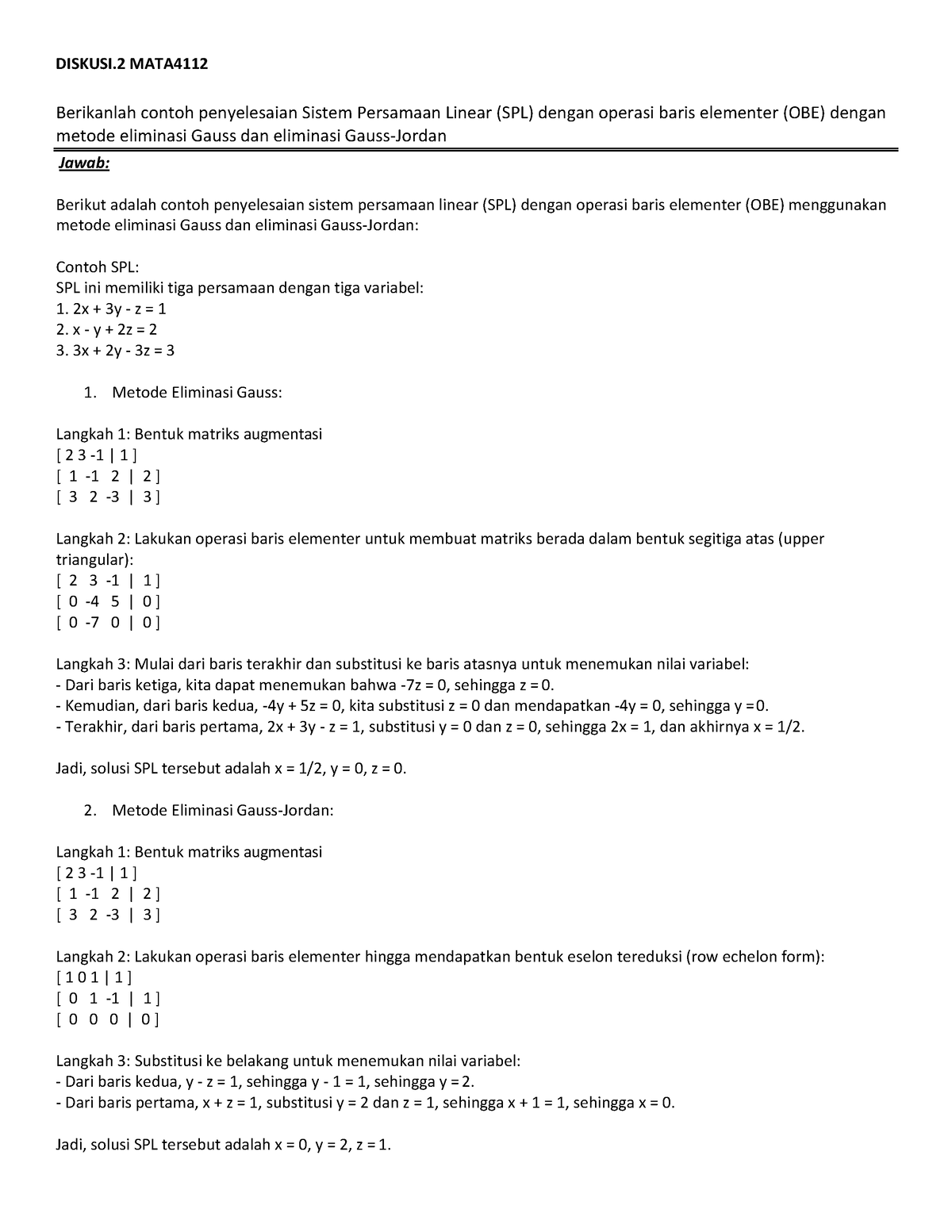 Diskusi.2 Aljabar Linear Elementer - DISKUSI MATA Berikanlah Contoh ...