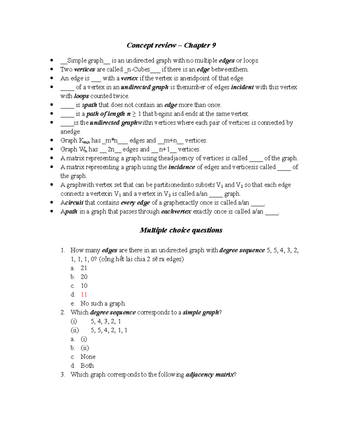 Concept review - chapter 9 - Concept review – Chapter 9 Simple graph is ...