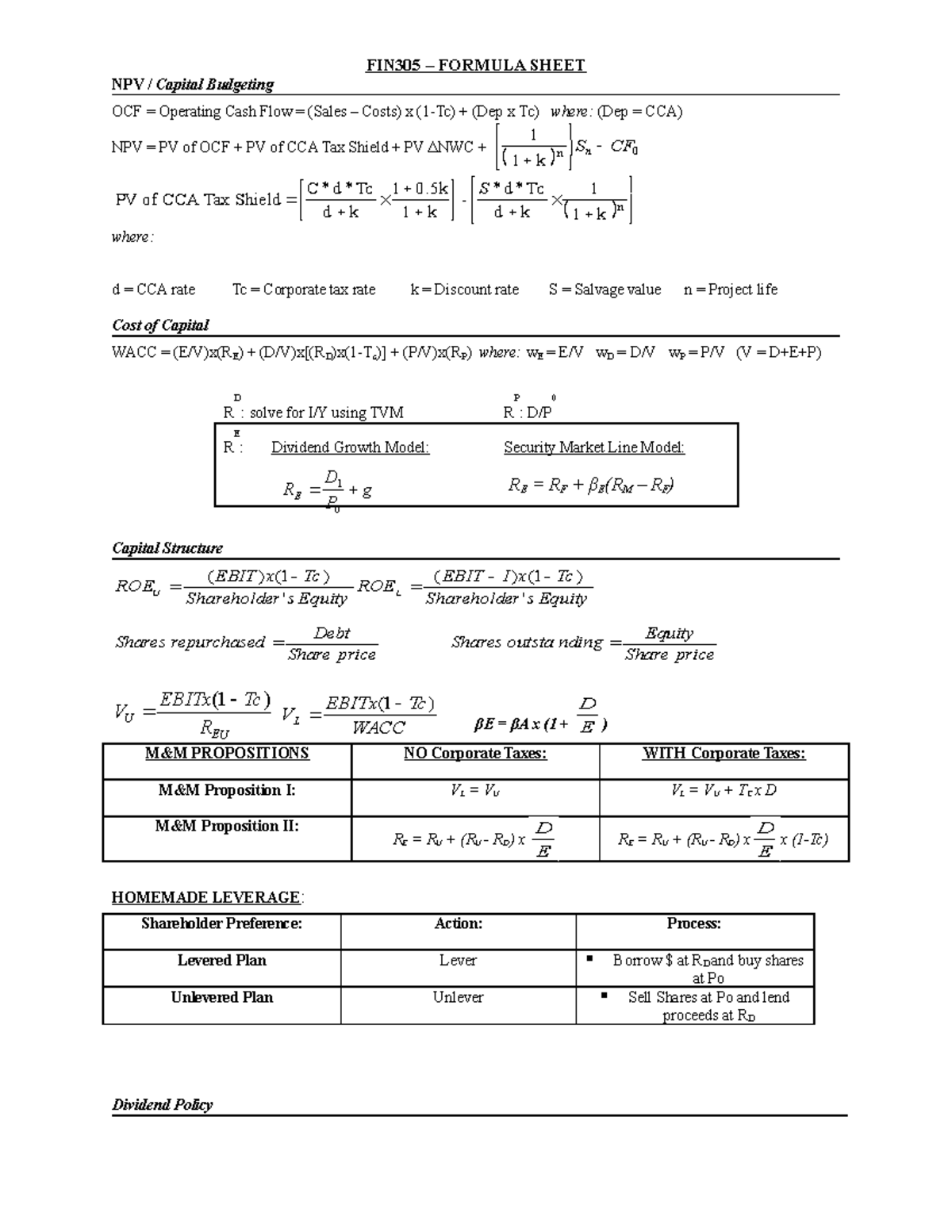 FIN305 - Finance II - Formula Sheet - FIN305 – FORMULA SHEET NPV ...