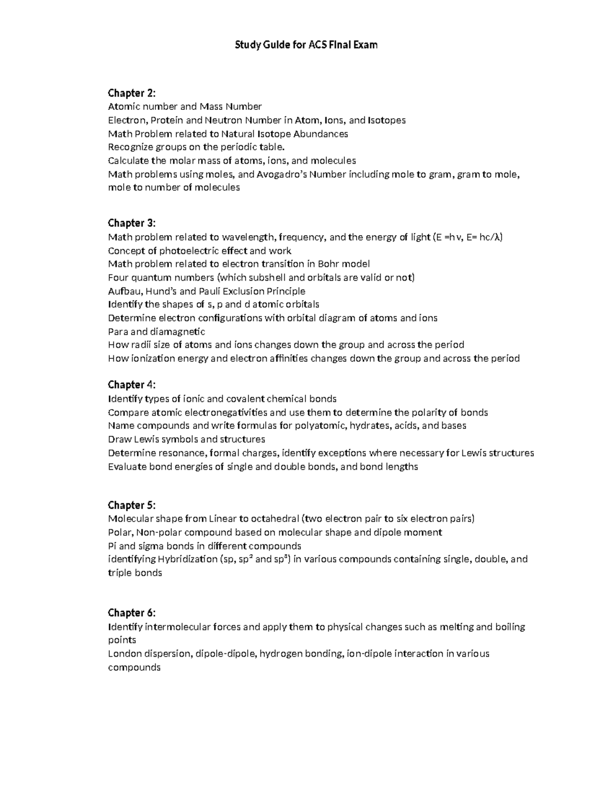 Study Guide For ACS Final Exam Study Guide for ACS Final Exam Chapter