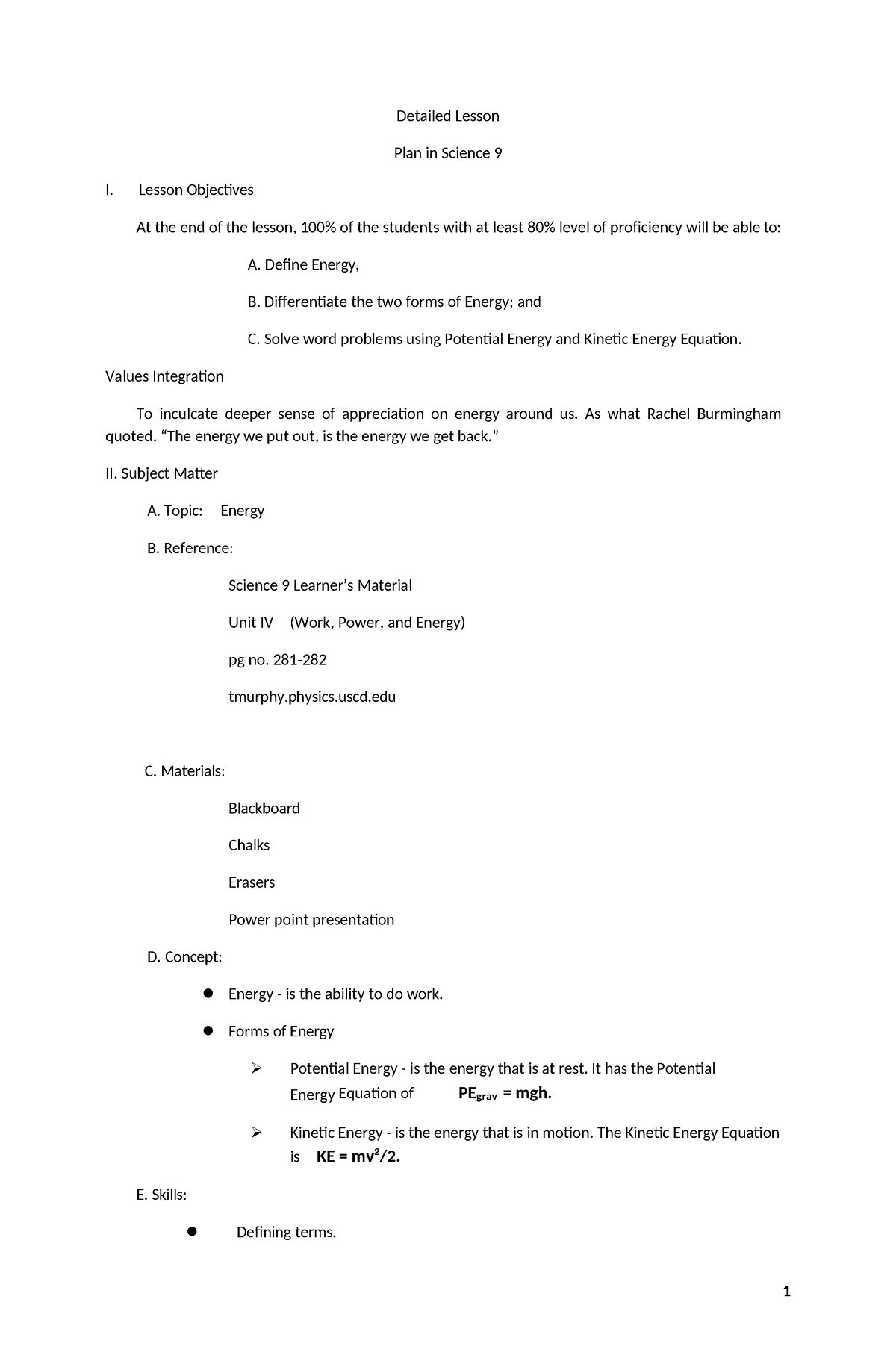 Energy - Classroom Observation Materials - Detailed Lesson Plan in ...