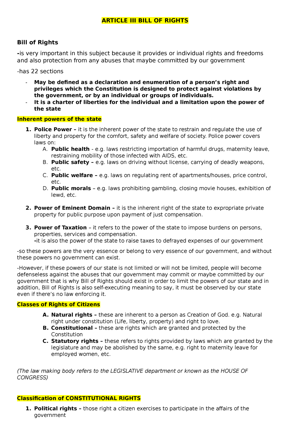 Lea 4-3 - LEA 4 Notes - ARTICLE III BILL OF RIGHTS Bill Of Rights - Is ...