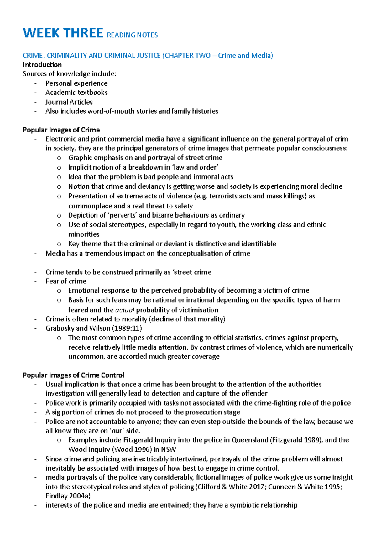 Crim1010 reading notes - WEEK THREE READING NOTES CRIME, CRIMINALITY ...