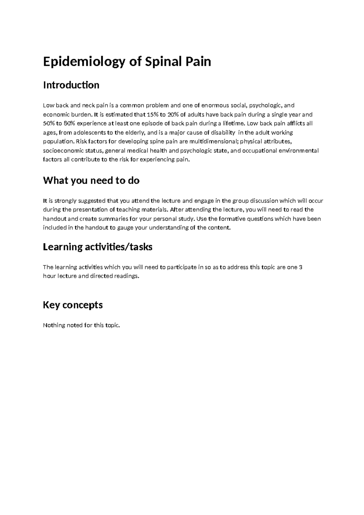 Learning Guide Epidemiology of spinal pain (2024) - Epidemiology of ...