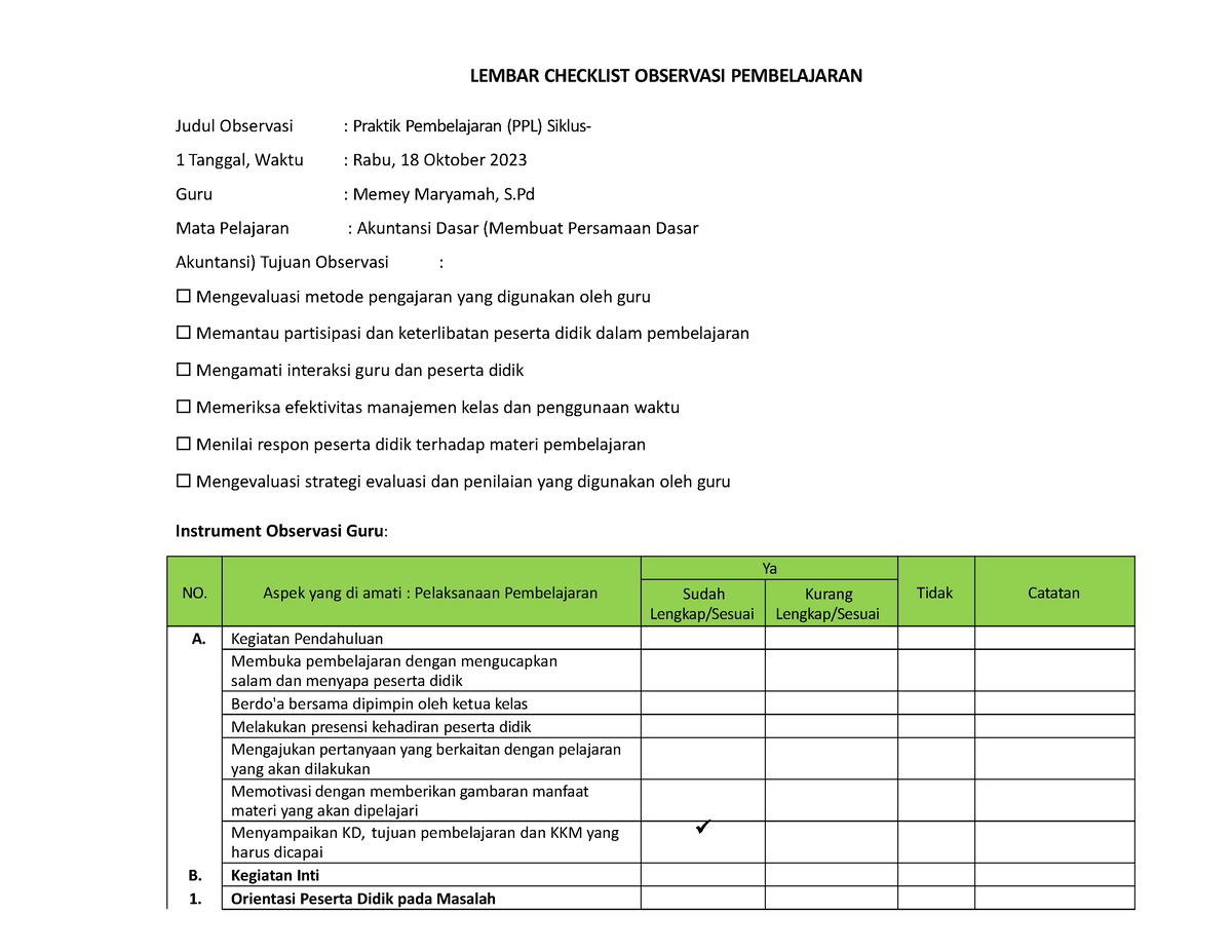 Lembar Observasi Memey - LEMBAR CHECKLIST OBSERVASI PEMBELAJARAN Judul ...