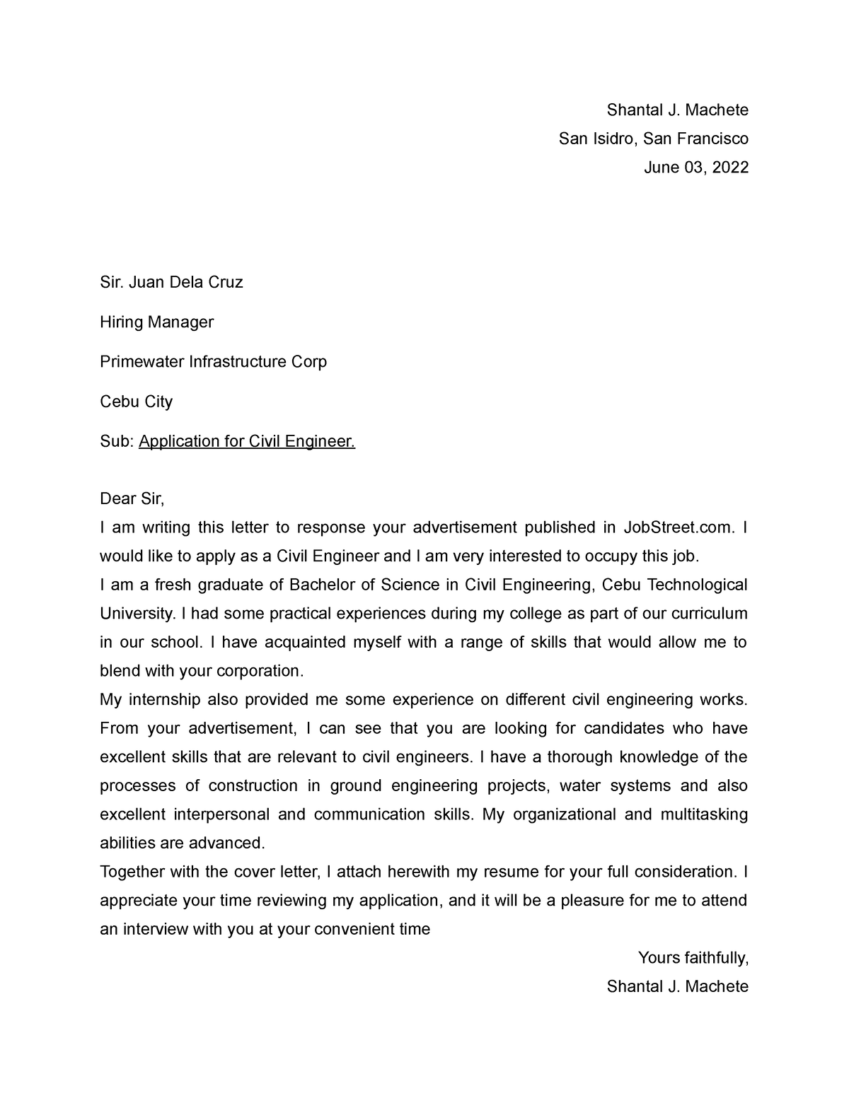 Application Letter Civilengineering - Shantal J. Machete San Isidro ...