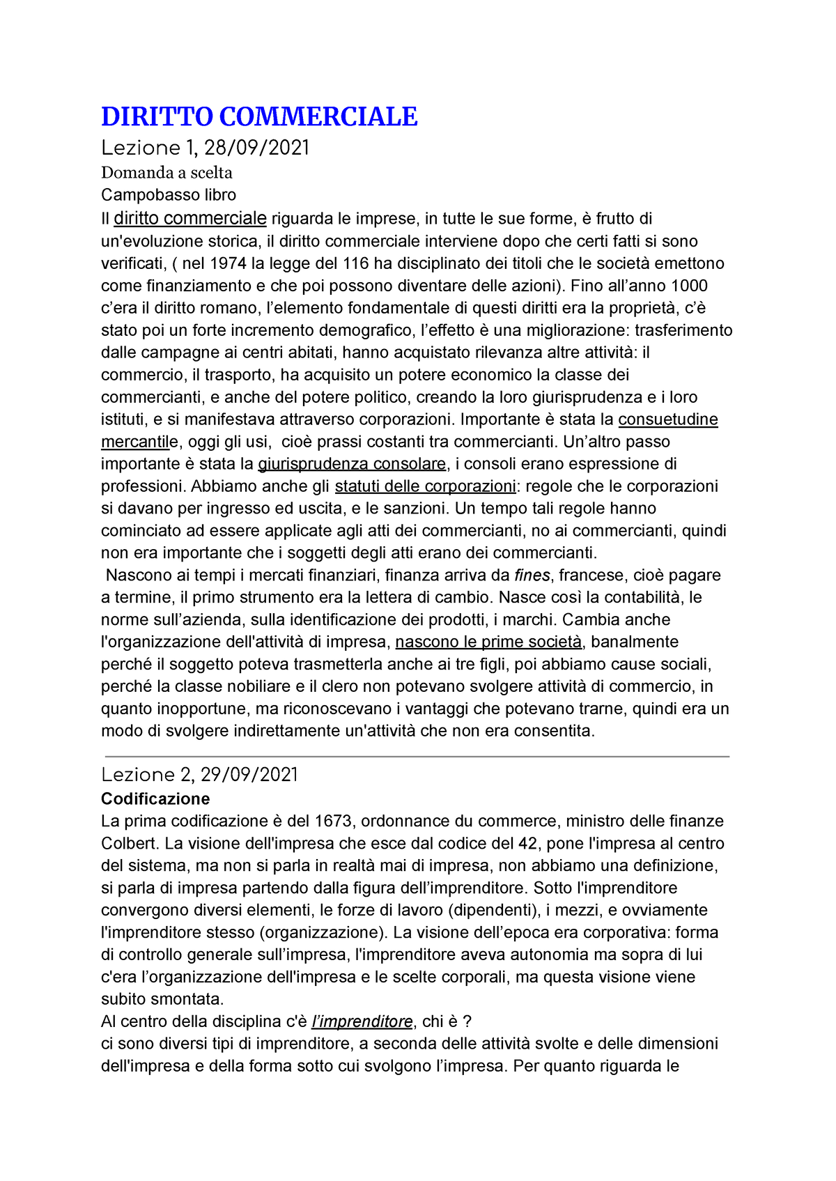 Diritto Commercial - DIRITTO COMMERCIALE Lezione 1, 28/09/ Domanda A ...