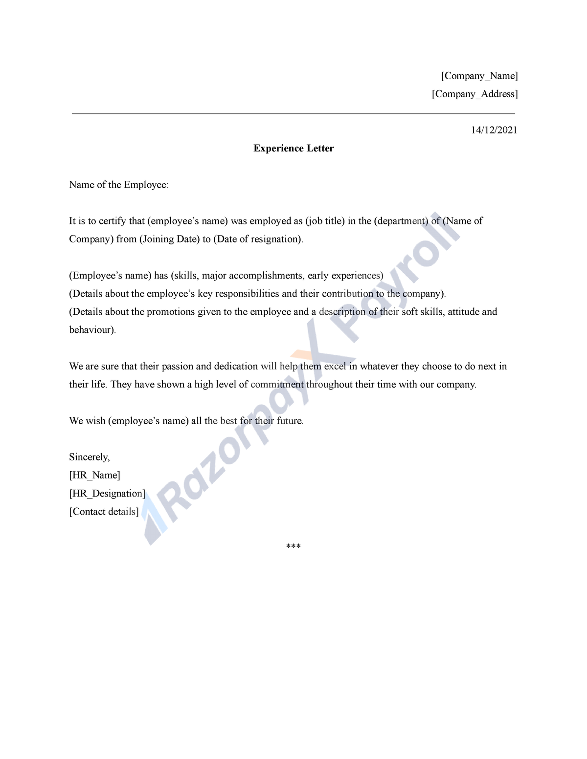 Experience Letter Format Design PDF - [Company_Name] [Company_Address ...