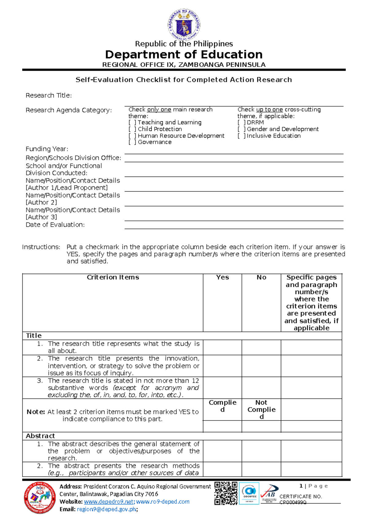 Self Evaluation Checklist after Validation - CERTIFICATE NO. CP000499Q ...