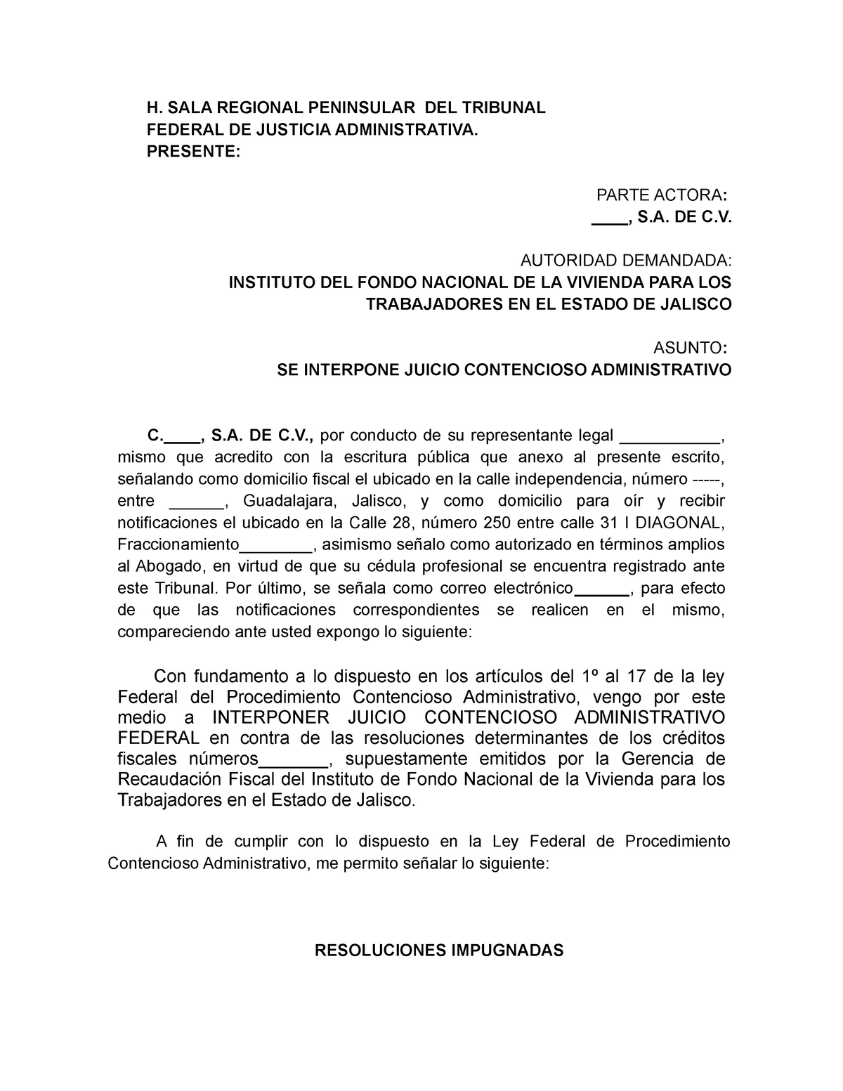 Formato Juicio Contencioso Administrativo 16, Fracción II - H. SALA  REGIONAL PENINSULAR DEL TRIBUNAL - Studocu