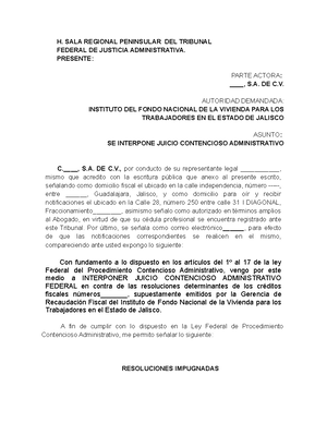 Formato Juicio Contencioso Administrativo 16, Fracción II - H. SALA  REGIONAL PENINSULAR DEL TRIBUNAL - Studocu