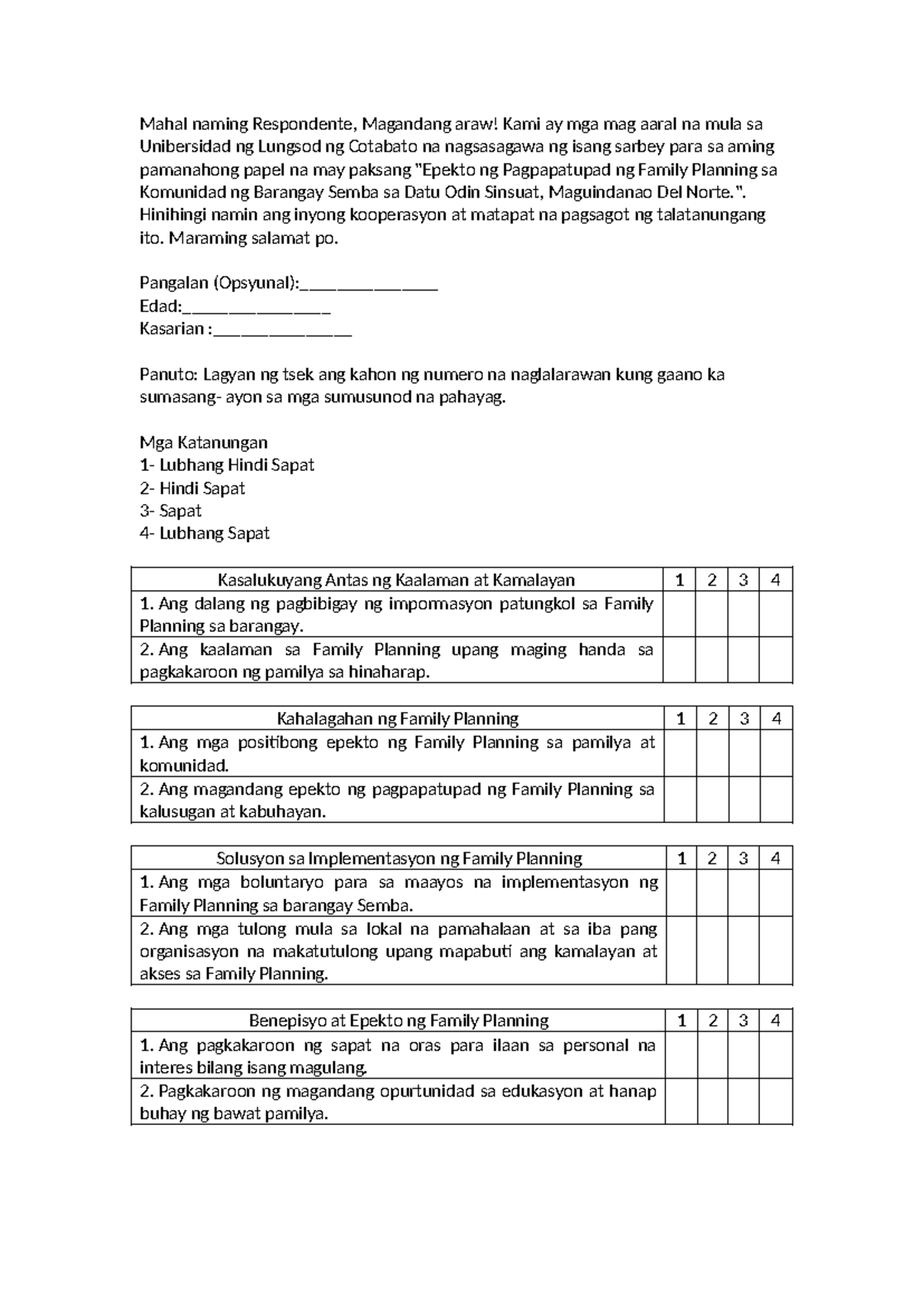 Questionaire na hindi pa fix kasi na revise - Mahal naming Respondente ...