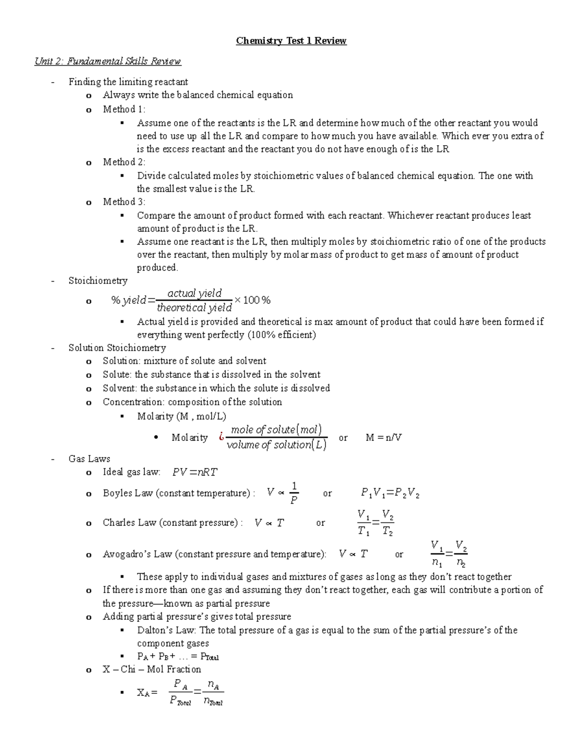 Chem 1A03 Test 1 Review - Chemistry Test 1 Review Unit 2: Fundamental ...