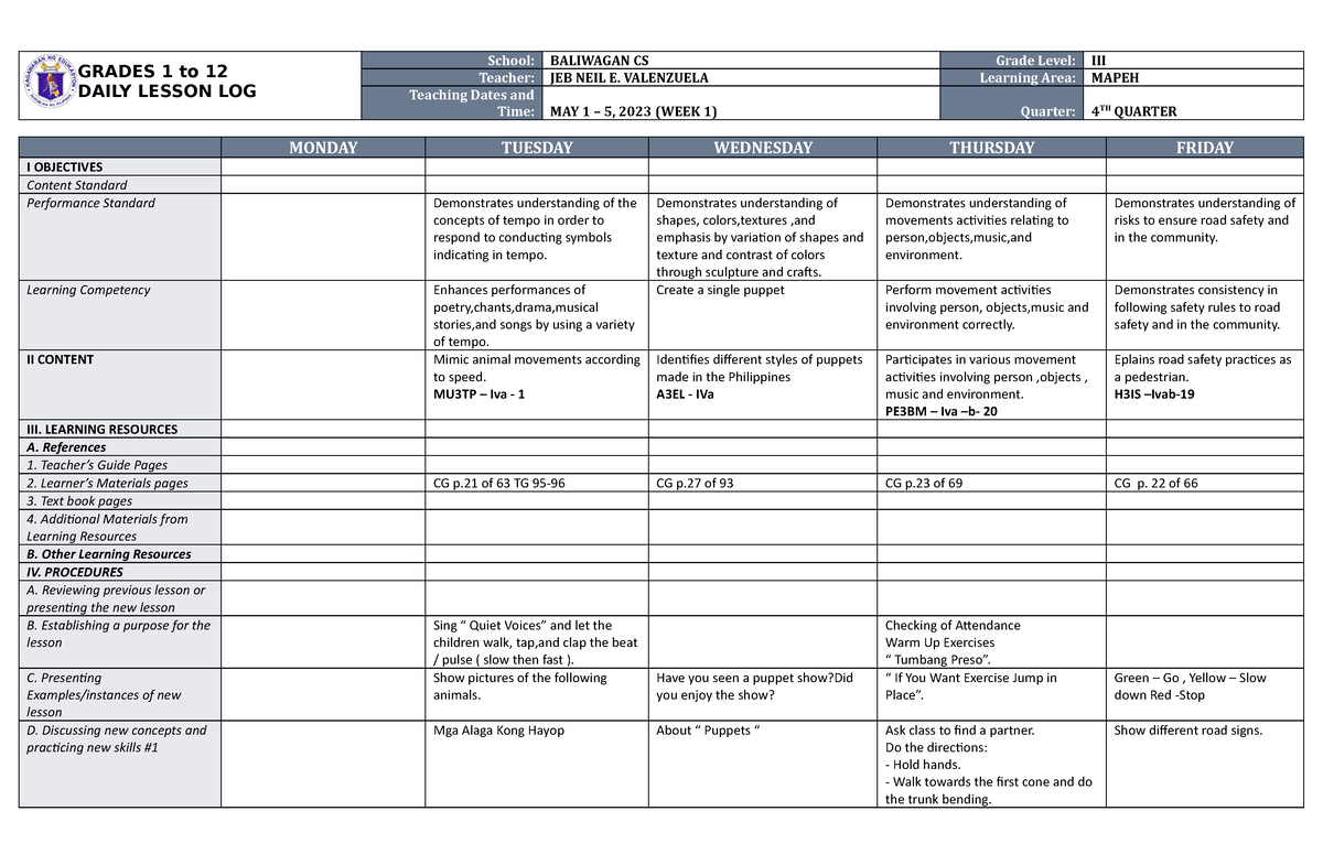 DLL Mapeh 3 Q4 W1 - lesson guide - GRADES 1 to 12 DAILY LESSON LOG ...