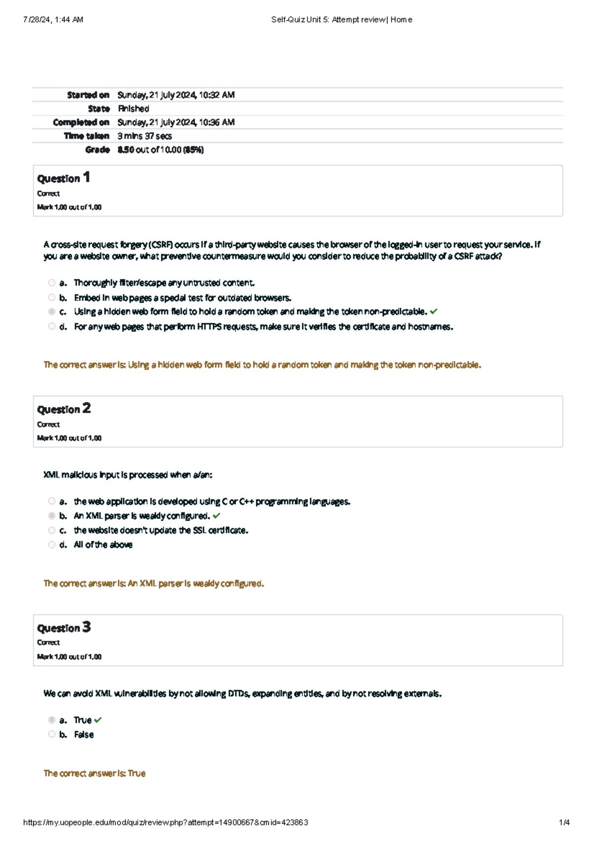 Self-Quiz Unit 5 Attempt review Home - Started on Sunday, 21 July 2024 ...